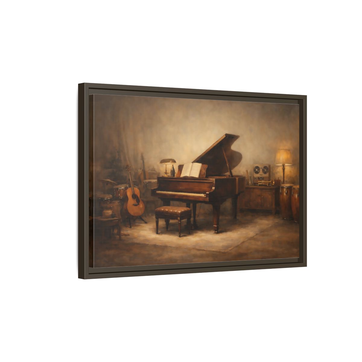 Side Mockup 2. Vintage Grand Piano Brown And Gold Music shown as stretched canvas wall art
