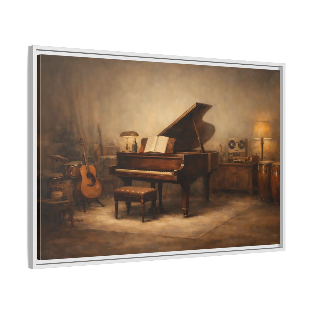 Side Mockup 8. Vintage Grand Piano Brown And Gold Music shown as stretched canvas wall art