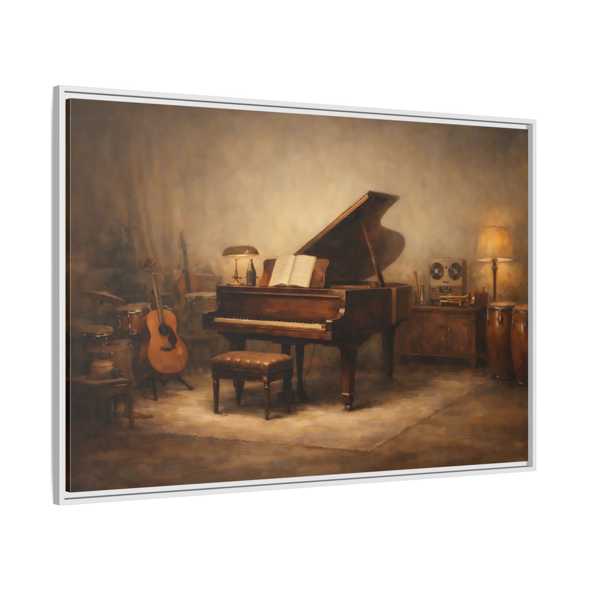 Side Mockup 7. Vintage Grand Piano Brown And Gold Music shown as stretched canvas wall art