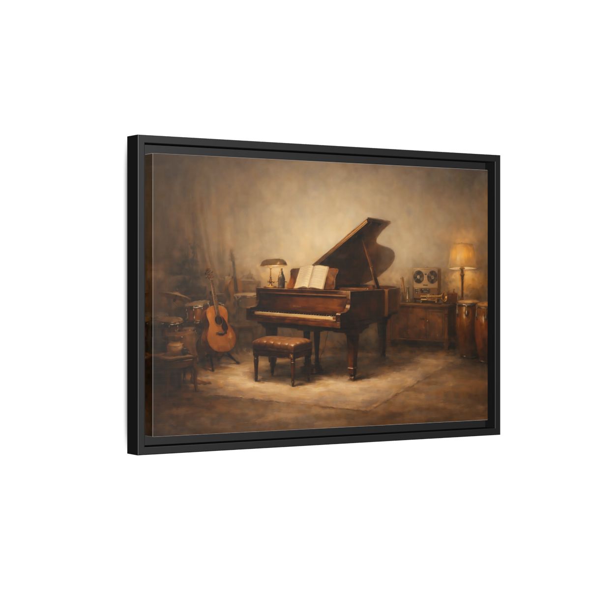 Side Mockup 3. Vintage Grand Piano Brown And Gold Music shown as stretched canvas wall art
