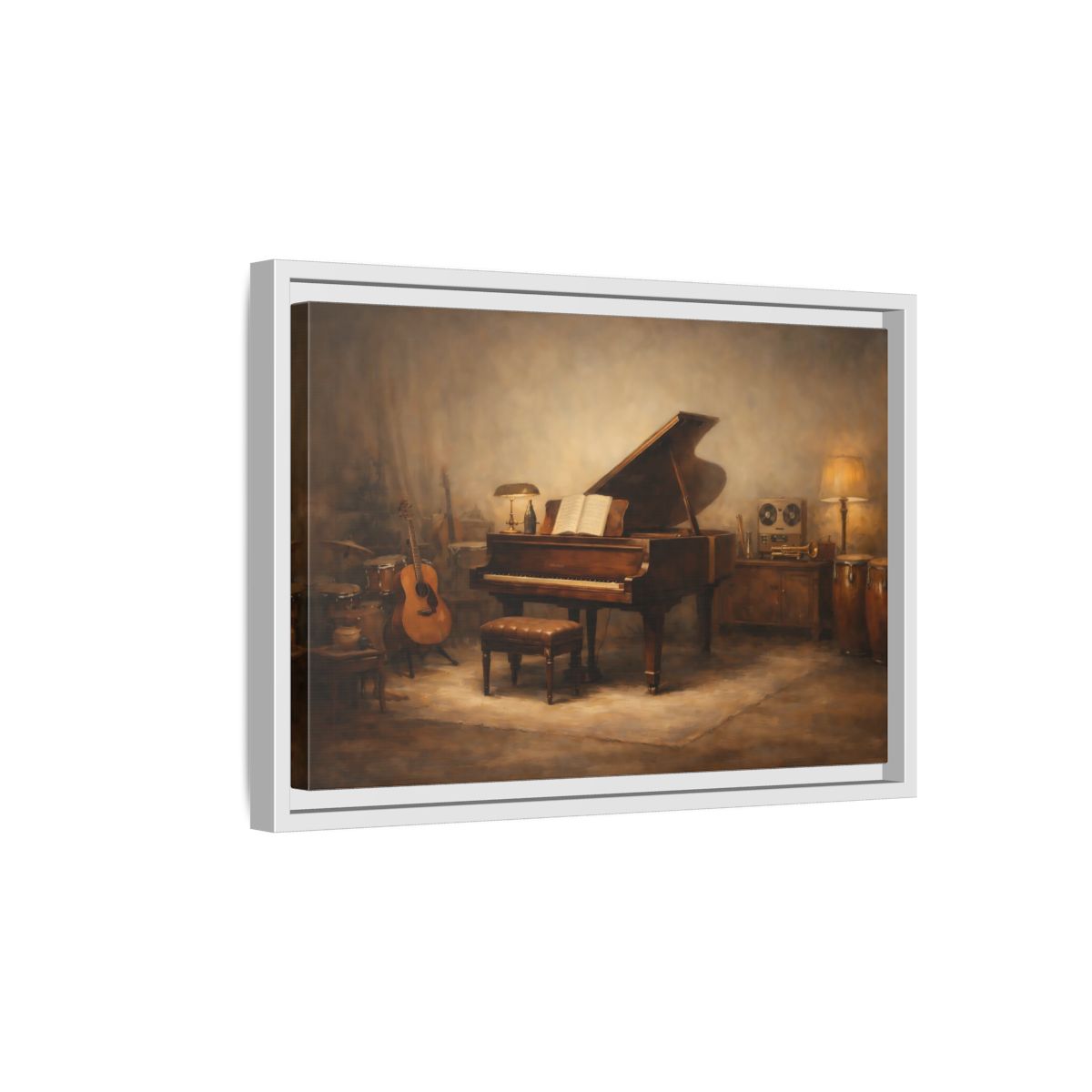 Side Mockup 4. Vintage Grand Piano Brown And Gold Music shown as stretched canvas wall art