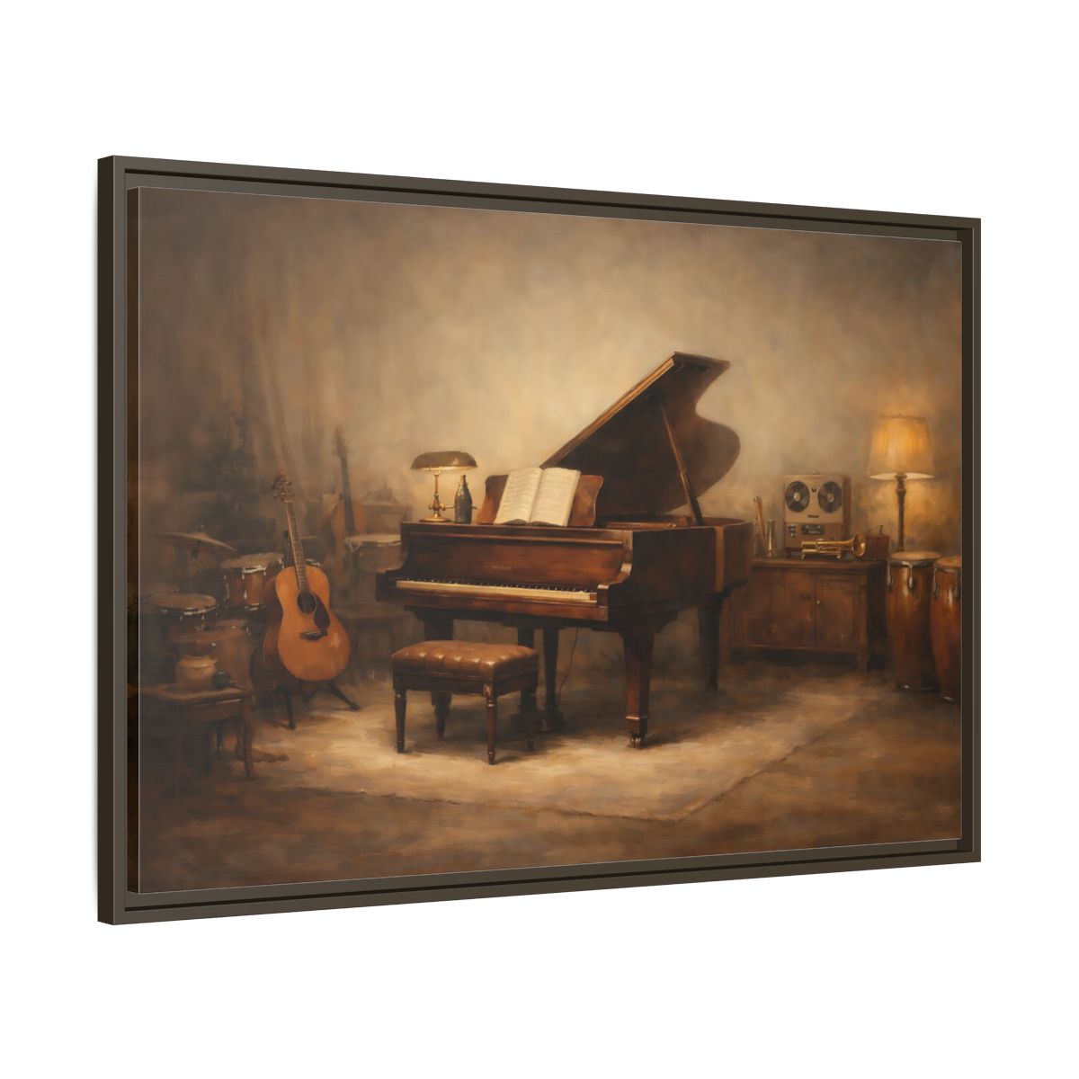 Side Mockup 9. Vintage Grand Piano Brown And Gold Music shown as stretched canvas wall art