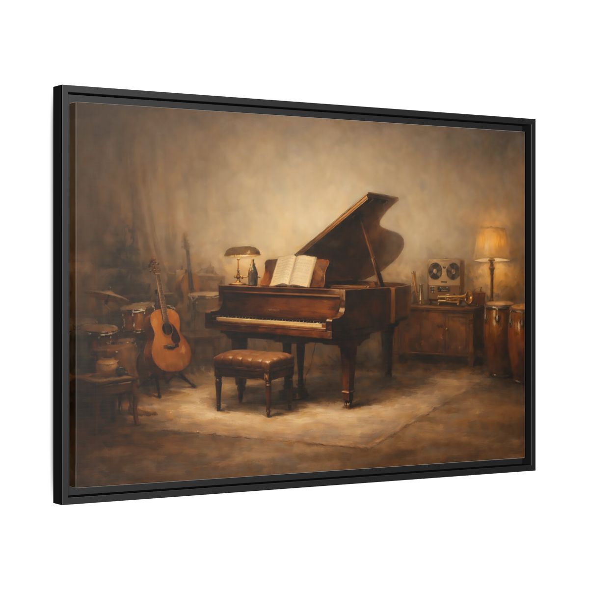 Side Mockup 13. Vintage Grand Piano Brown And Gold Music shown as stretched canvas wall art