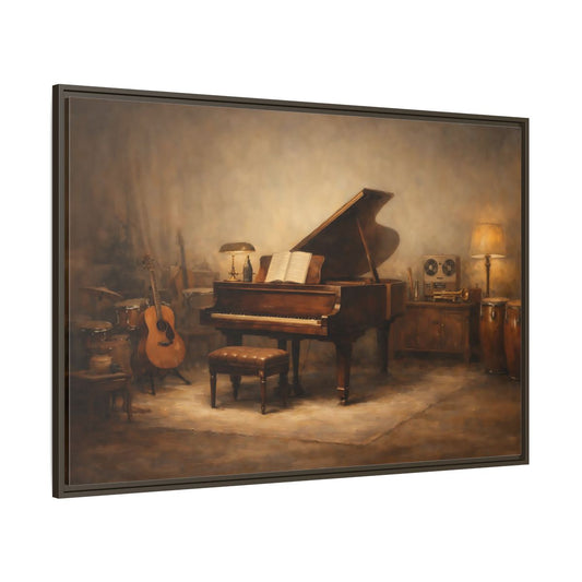 Main Mockup. Vintage Grand Piano Brown And Gold Music shown as stretched canvas wall art