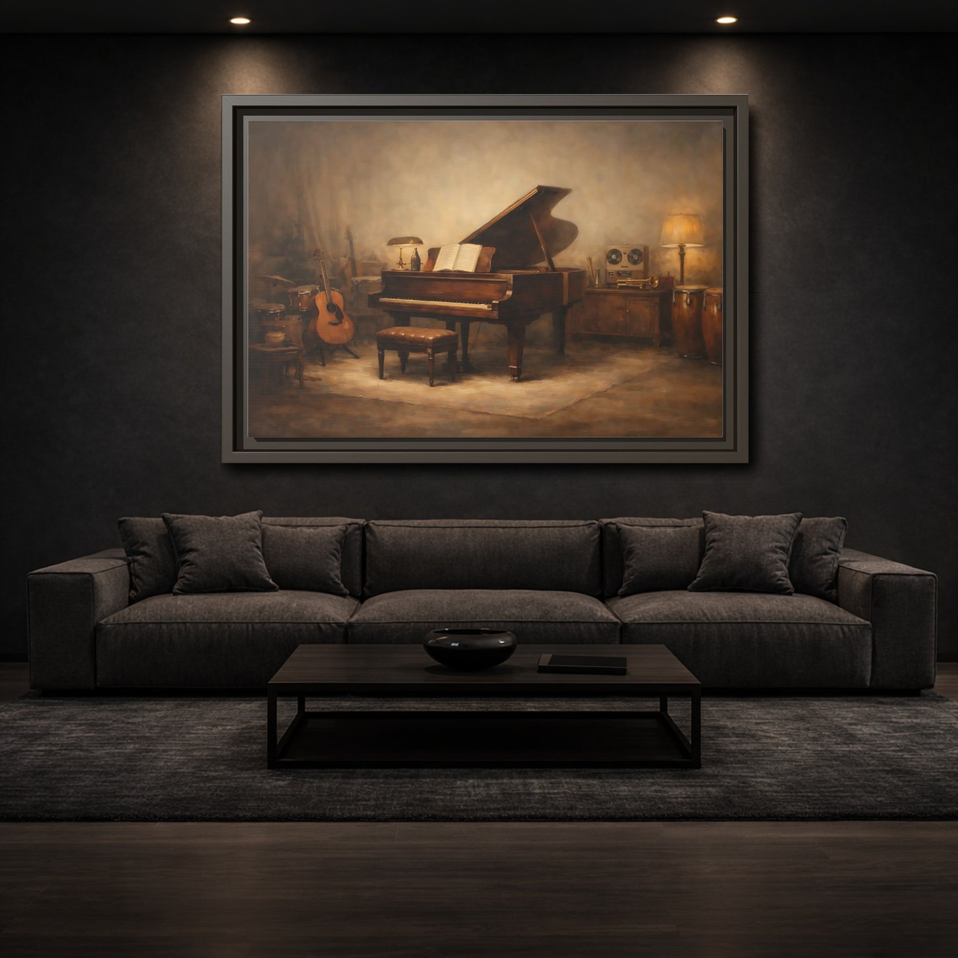Mockup 2. Vintage Grand Piano Brown And Gold Music shown as stretched canvas wall art