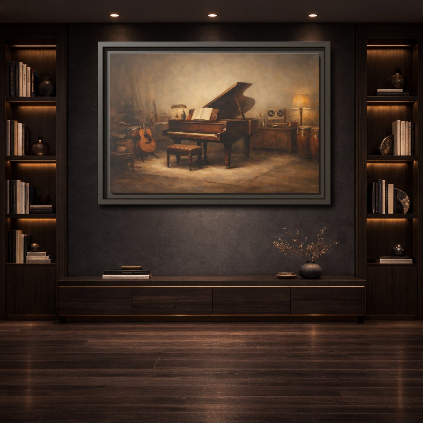 Mockup 3. Vintage Grand Piano Brown And Gold Music shown as stretched canvas wall art