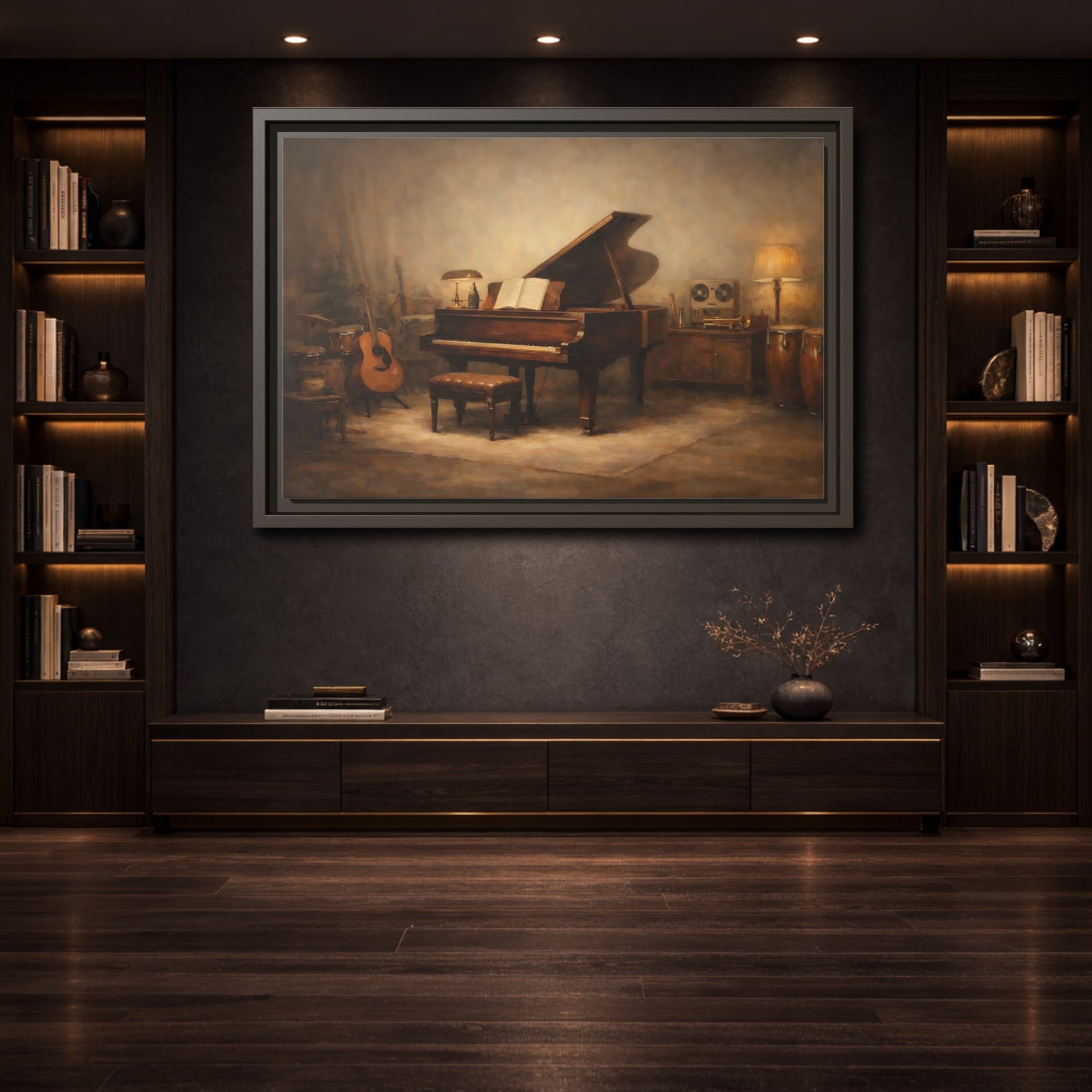 Mockup 3. Vintage Grand Piano Brown And Gold Music shown as stretched canvas wall art