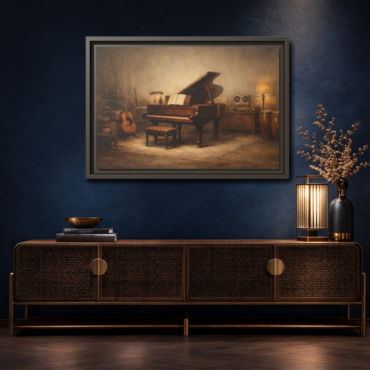 Mockup 4. Vintage Grand Piano Brown And Gold Music shown as stretched canvas wall art