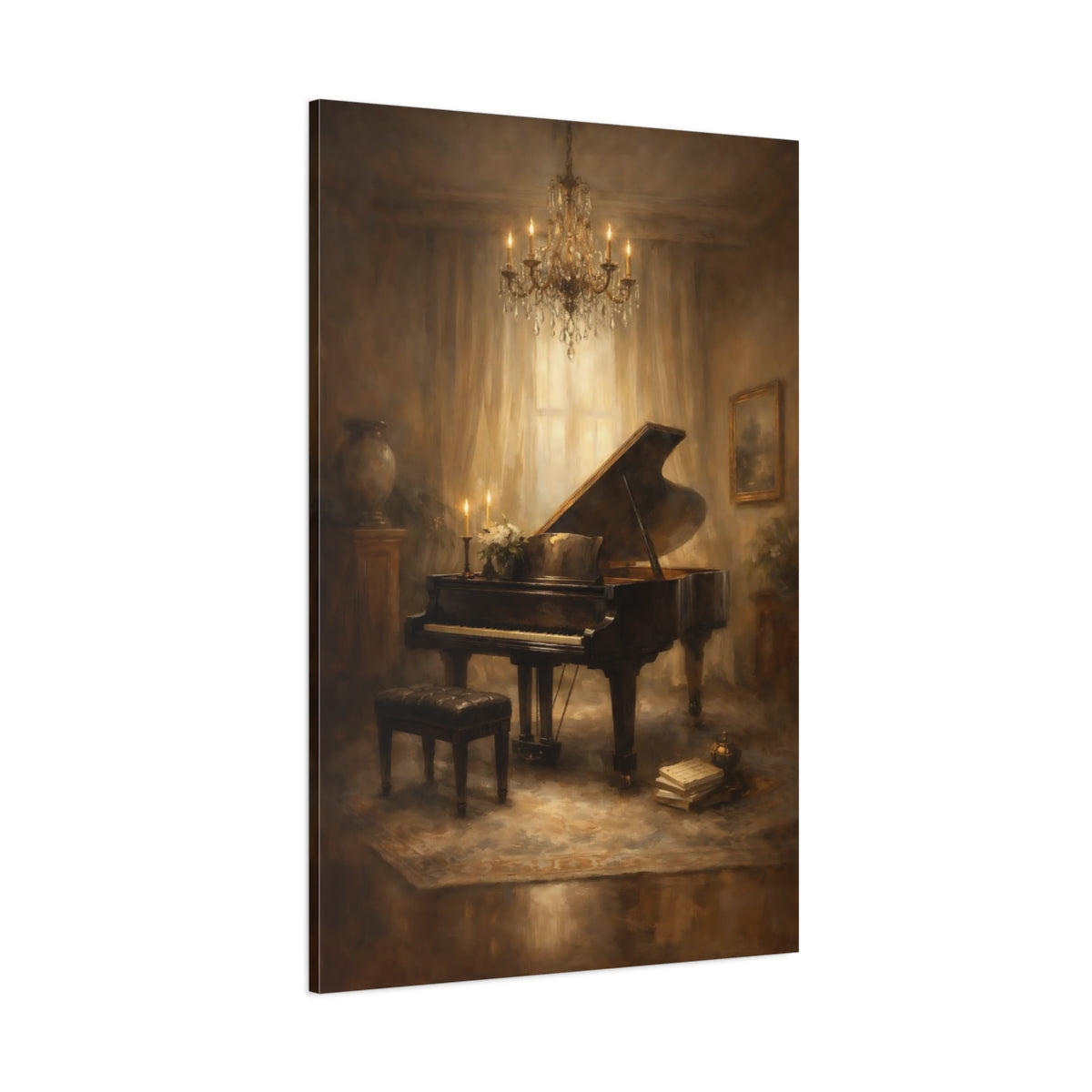 Main Mockup. Vintage Grand Piano Brown And Gold Piano shown as stretched canvas wall art