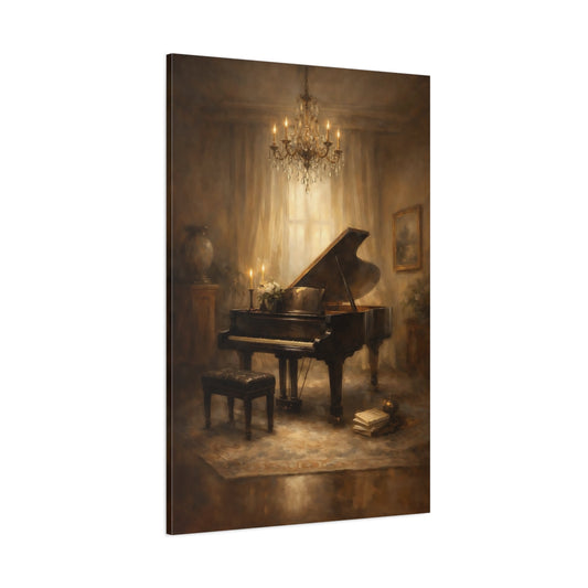 Main Mockup. Vintage Grand Piano Brown And Gold Piano shown as stretched canvas wall art