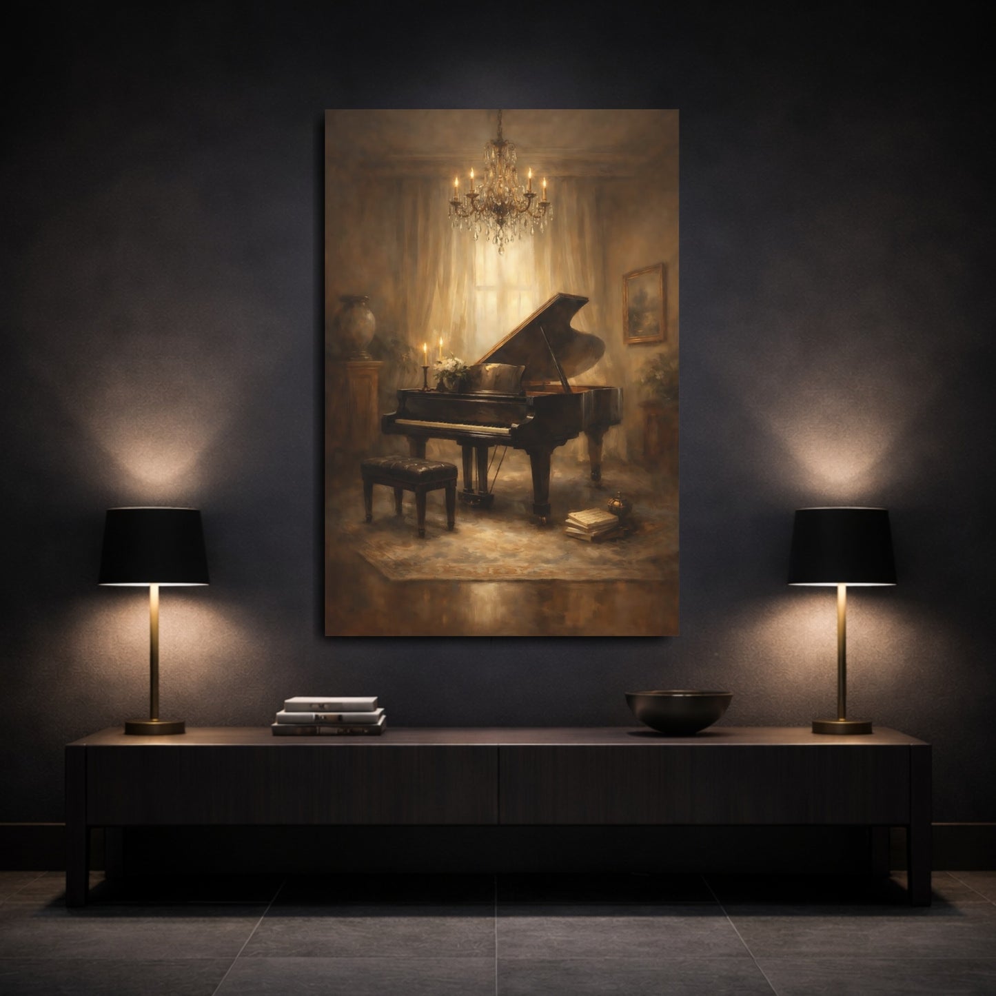 Mockup 2. Vintage Grand Piano Brown And Gold Piano shown as stretched canvas wall art