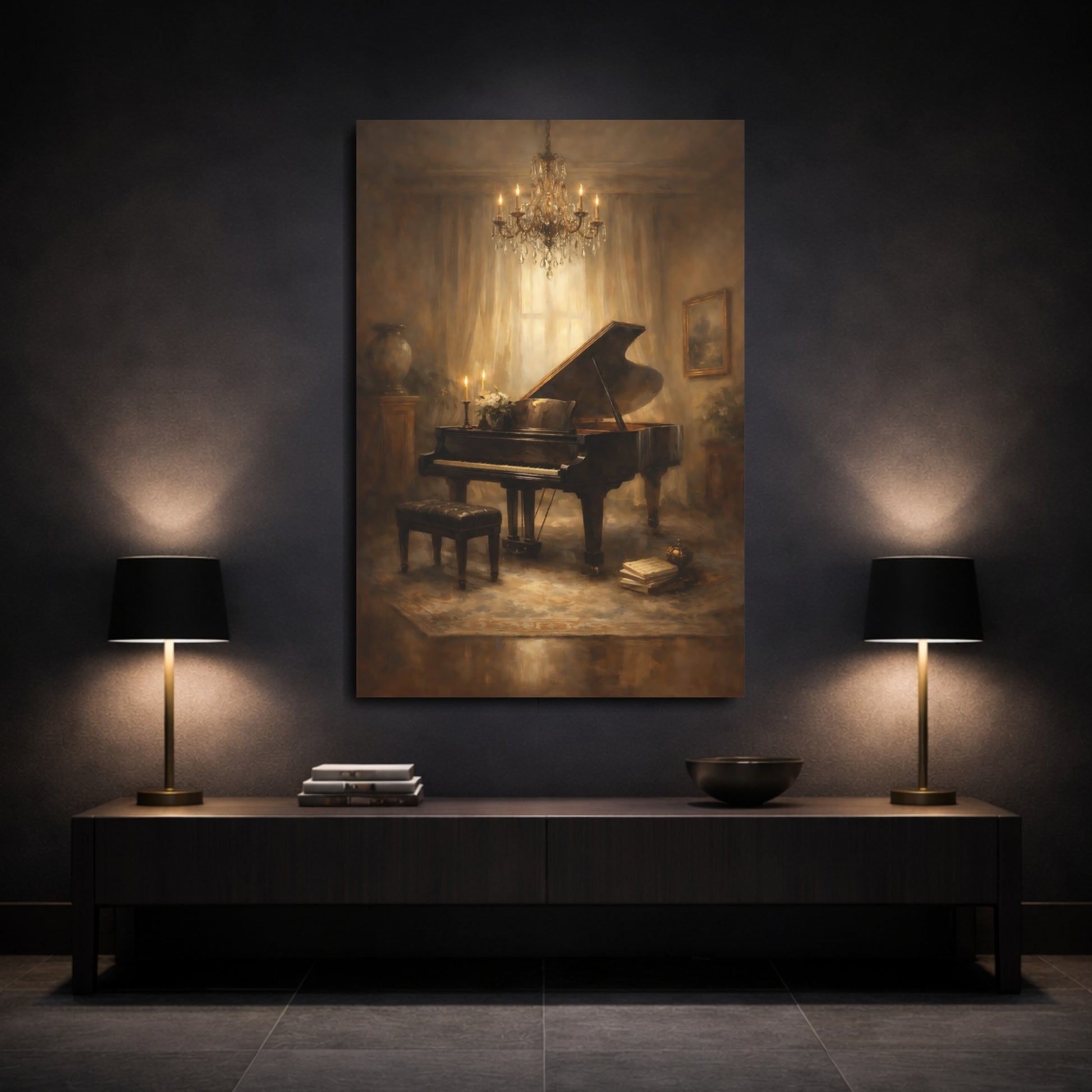 Mockup 2. Vintage Grand Piano Brown And Gold Piano shown as stretched canvas wall art