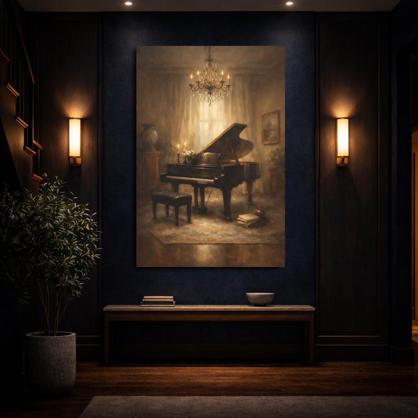 Mockup 3. Vintage Grand Piano Brown And Gold Piano shown as stretched canvas wall art