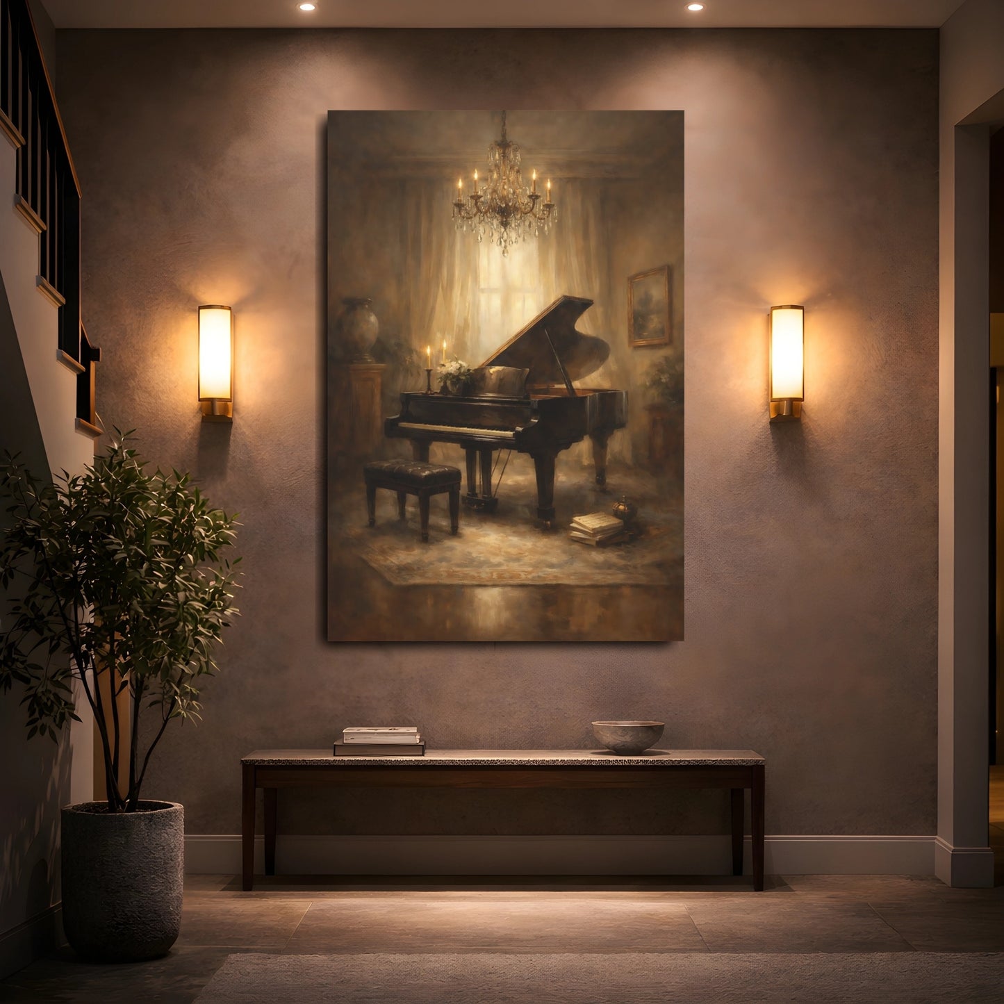 Mockup 4. Vintage Grand Piano Brown And Gold Piano shown as stretched canvas wall art