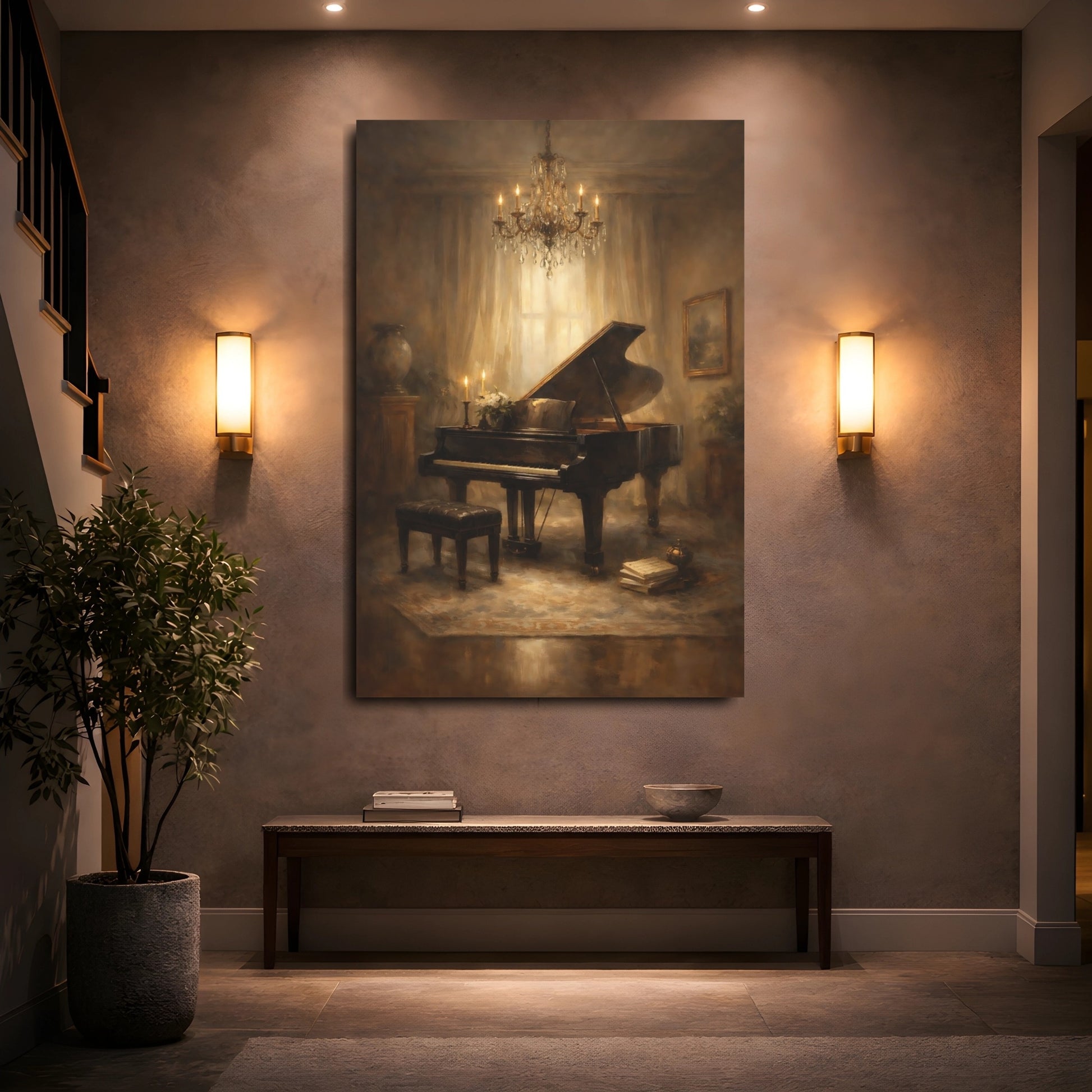Mockup 4. Vintage Grand Piano Brown And Gold Piano shown as stretched canvas wall art