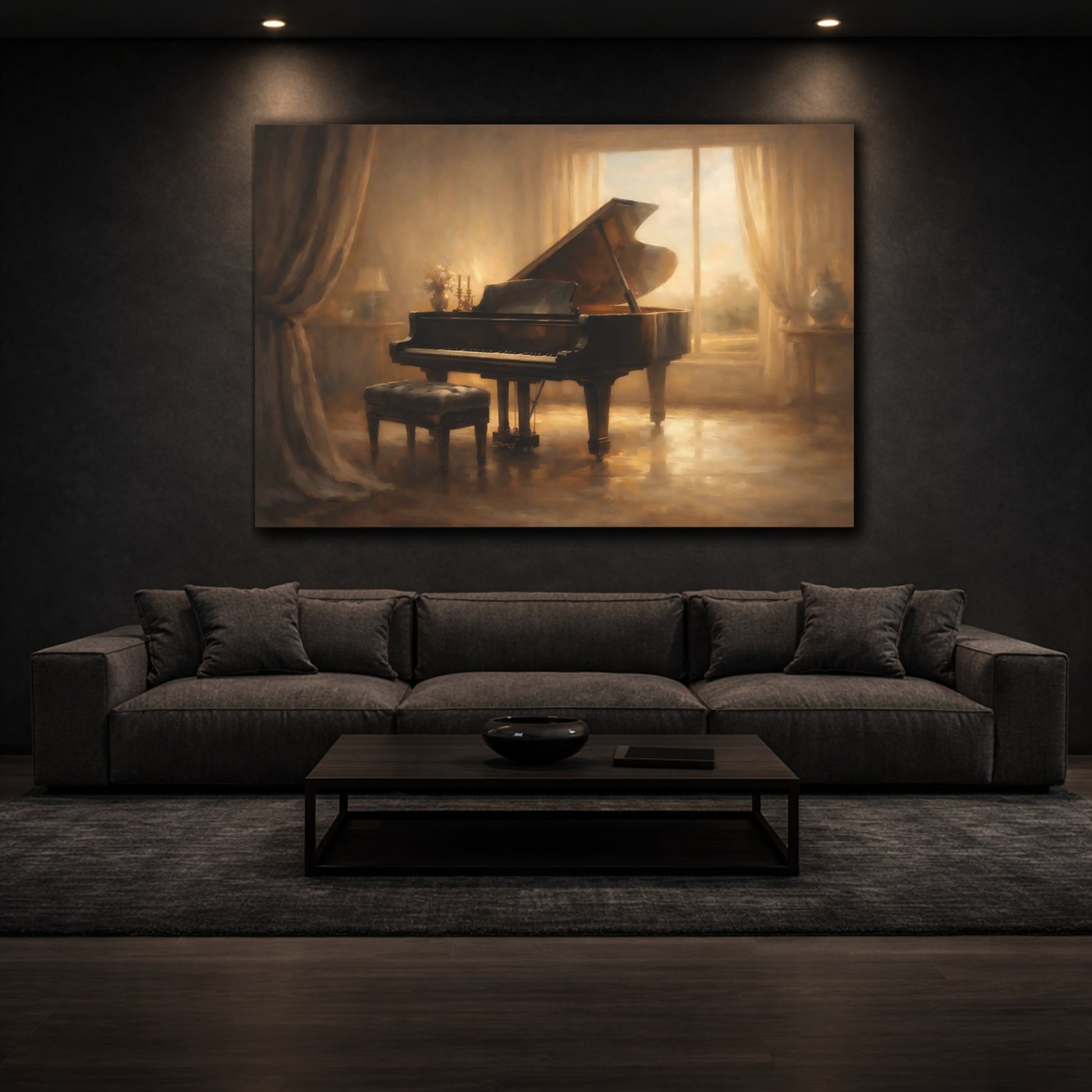 Mockup 2. Vintage Grand Piano Brown And Gold shown as stretched canvas wall art