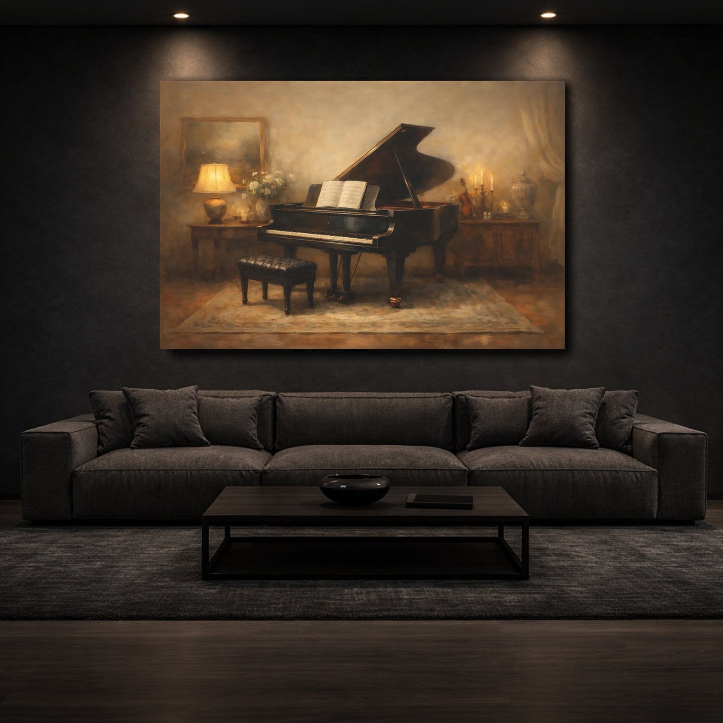 Mockup 2. Vintage Grand Piano Brown And Gold shown as stretched canvas wall art
