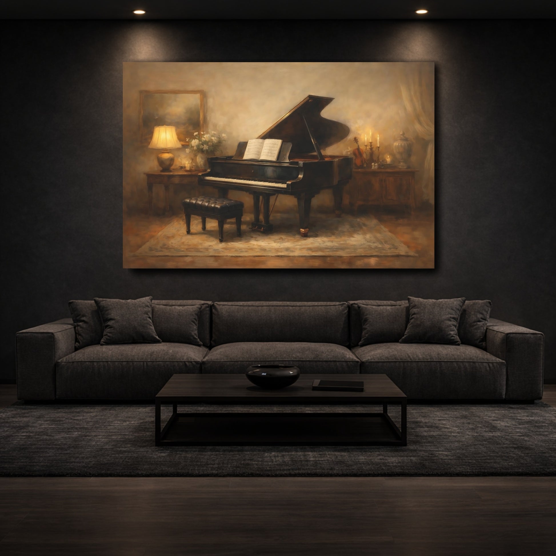 Mockup 2. Vintage Grand Piano Brown And Gold shown as stretched canvas wall art