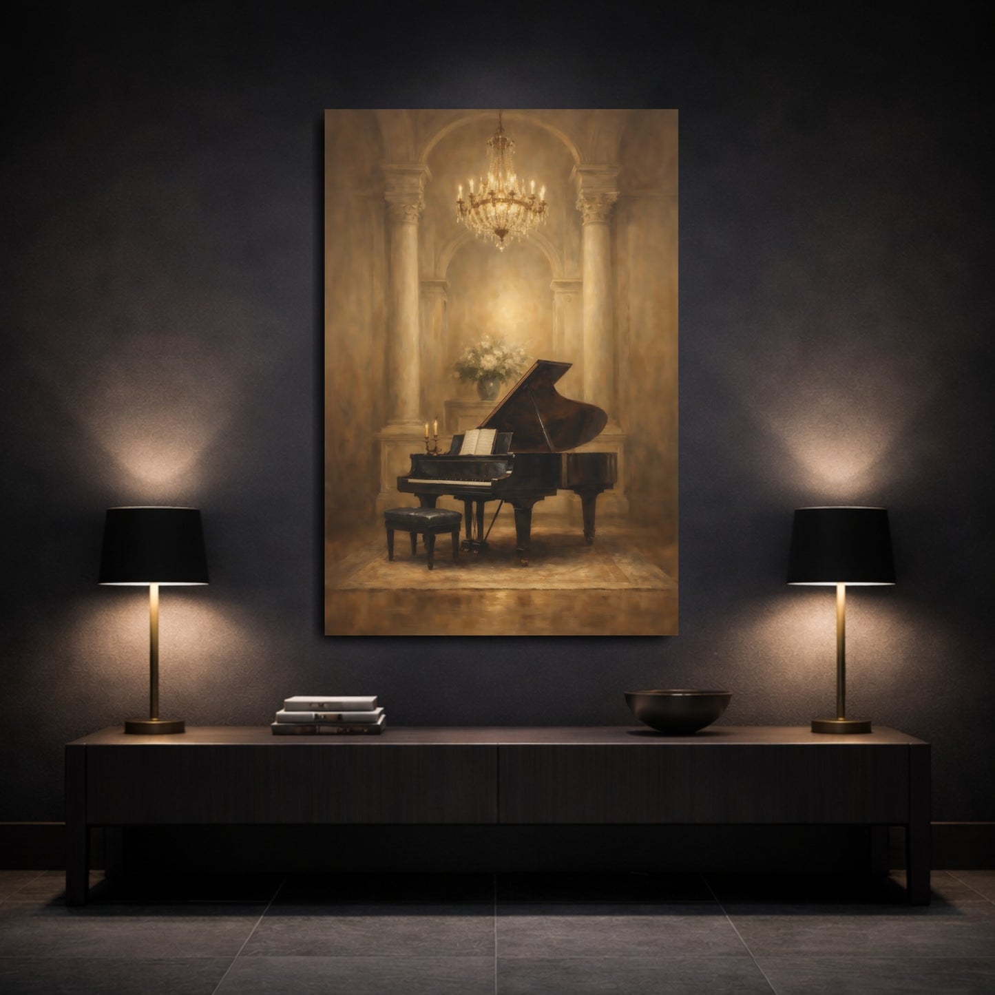 Mockup 2. Vintage Grand Piano Brown And Gold shown as stretched canvas wall art