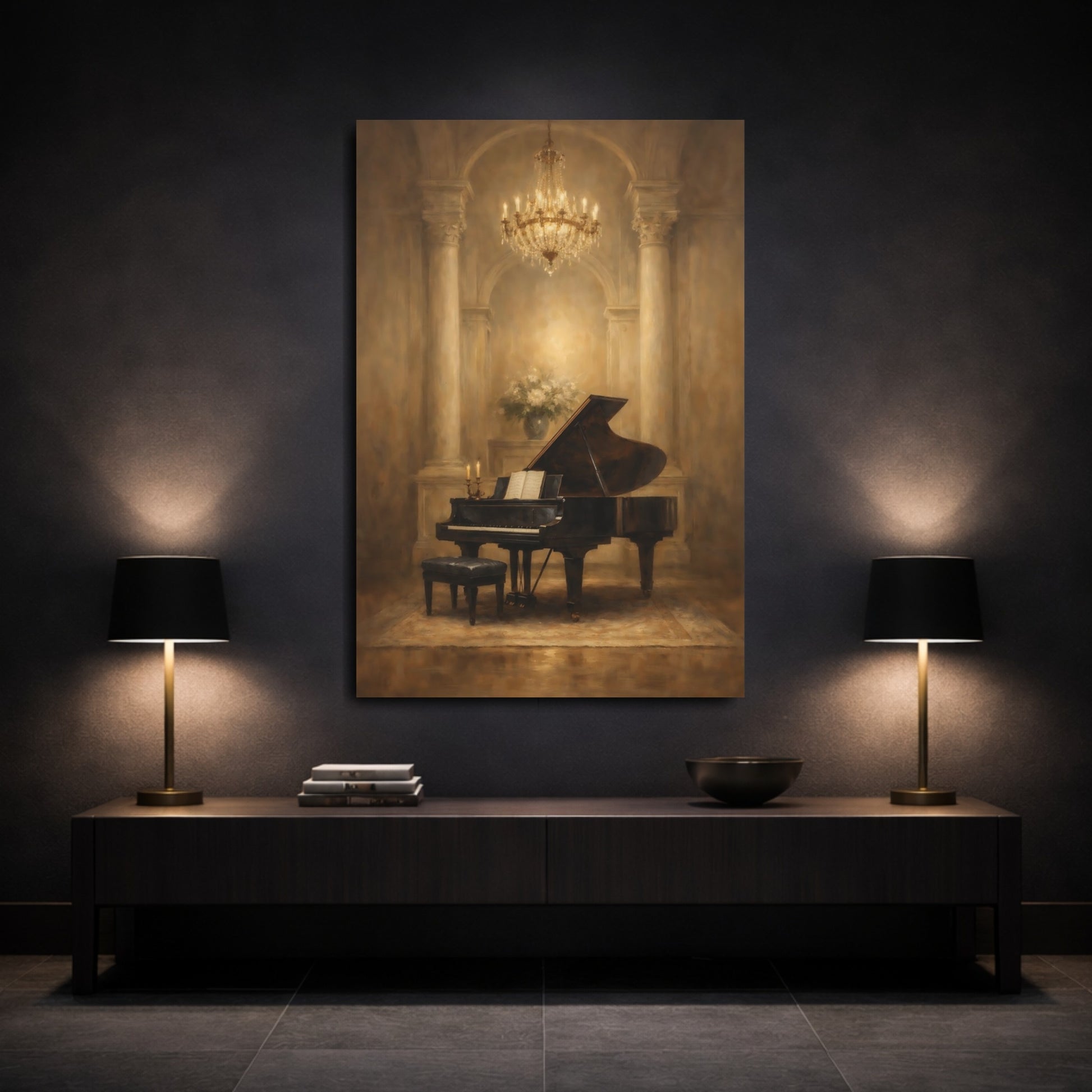 Mockup 2. Vintage Grand Piano Brown And Gold shown as stretched canvas wall art