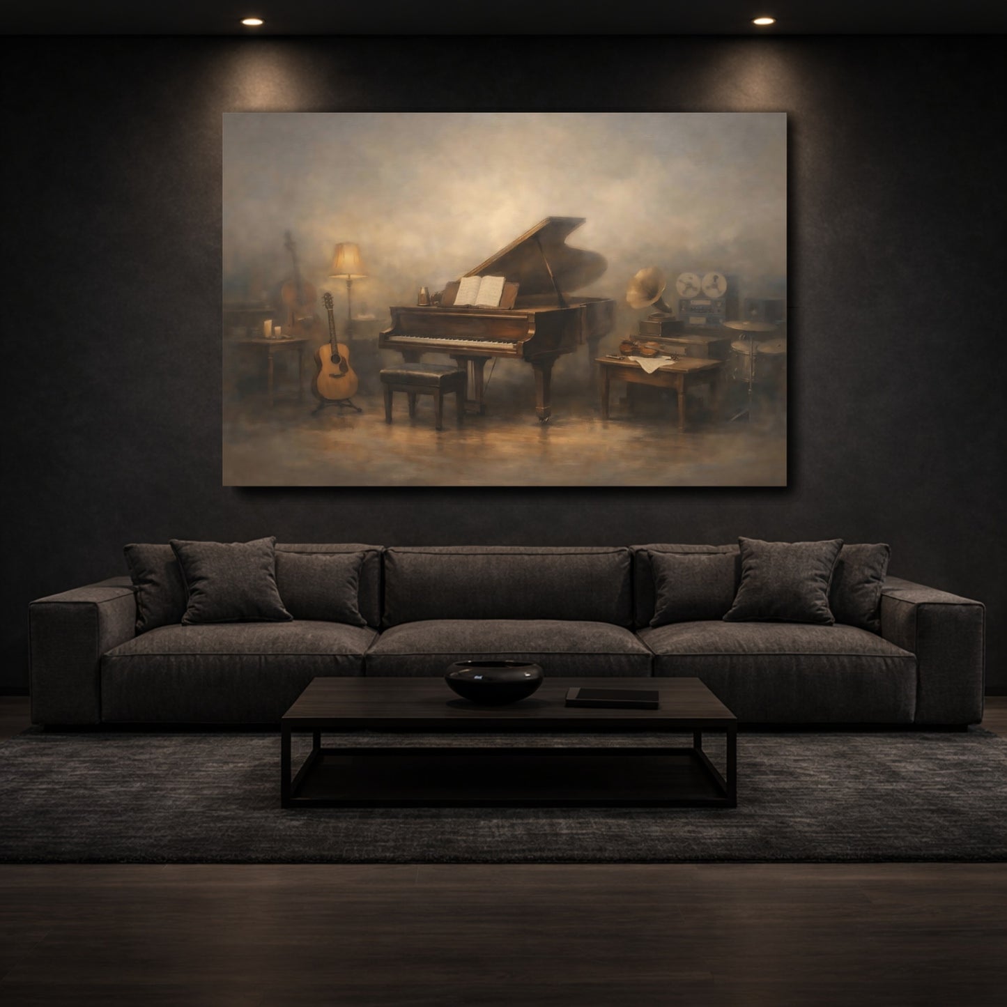 Mockup 2. Vintage Grand Piano Brown And Gold shown as stretched canvas wall art