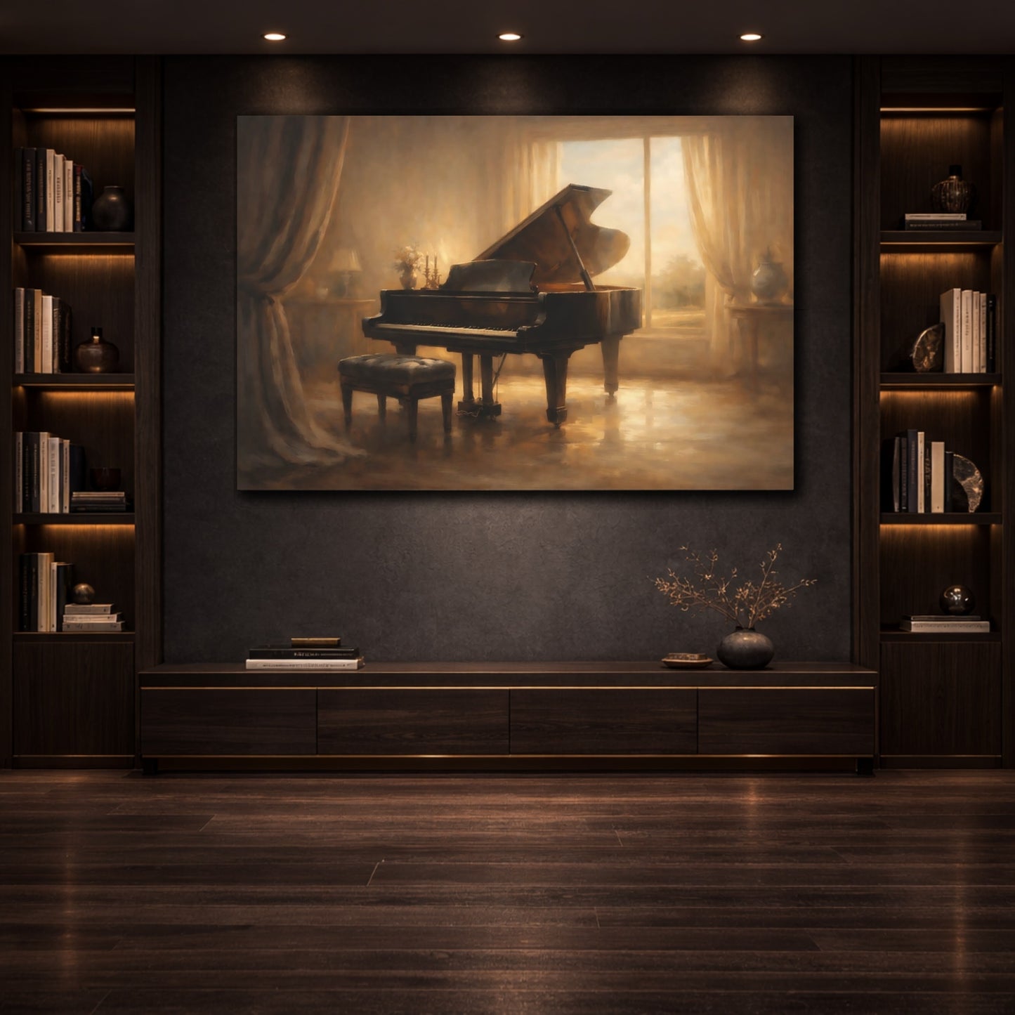 Mockup 3. Vintage Grand Piano Brown And Gold shown as stretched canvas wall art