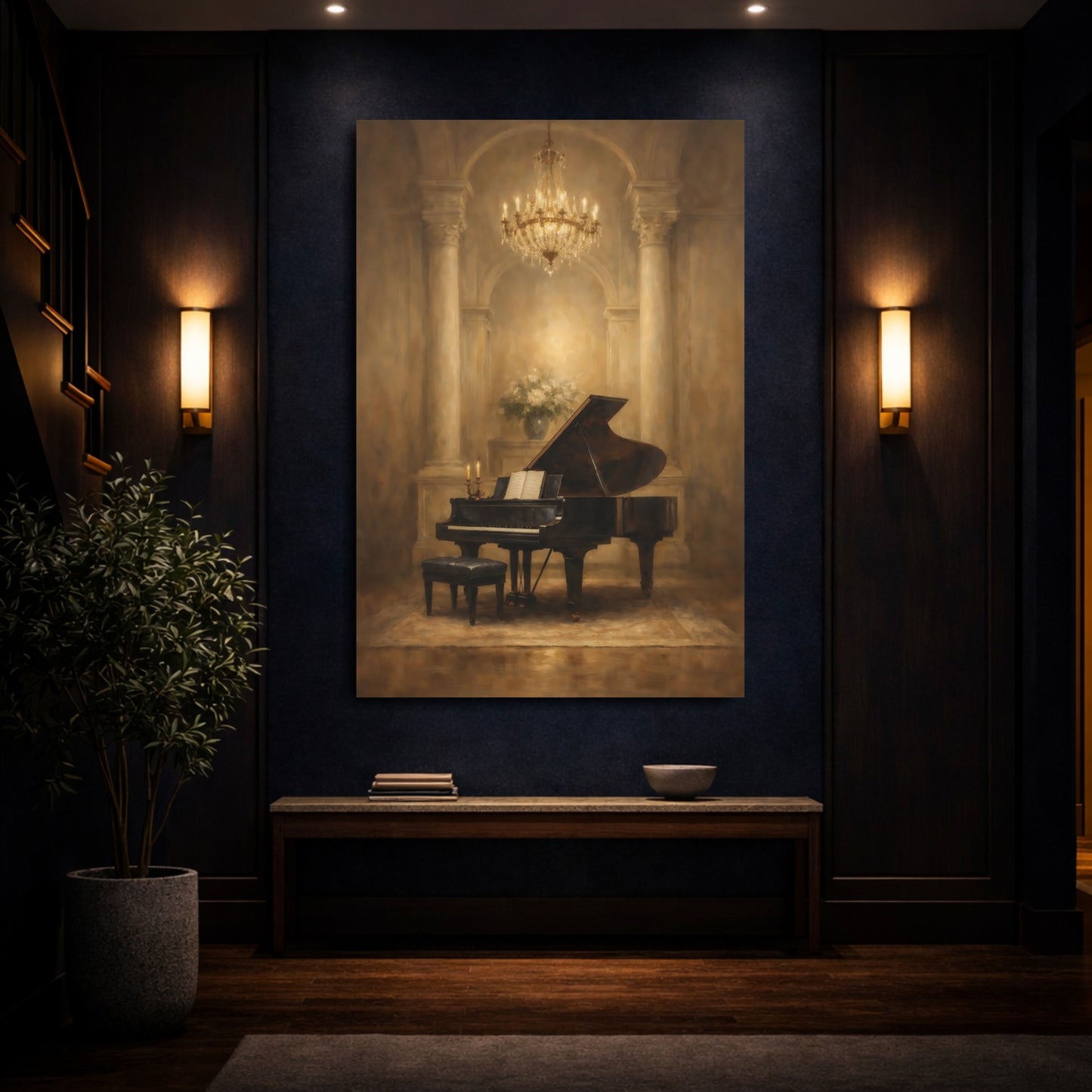 Mockup 3. Vintage Grand Piano Brown And Gold shown as stretched canvas wall art