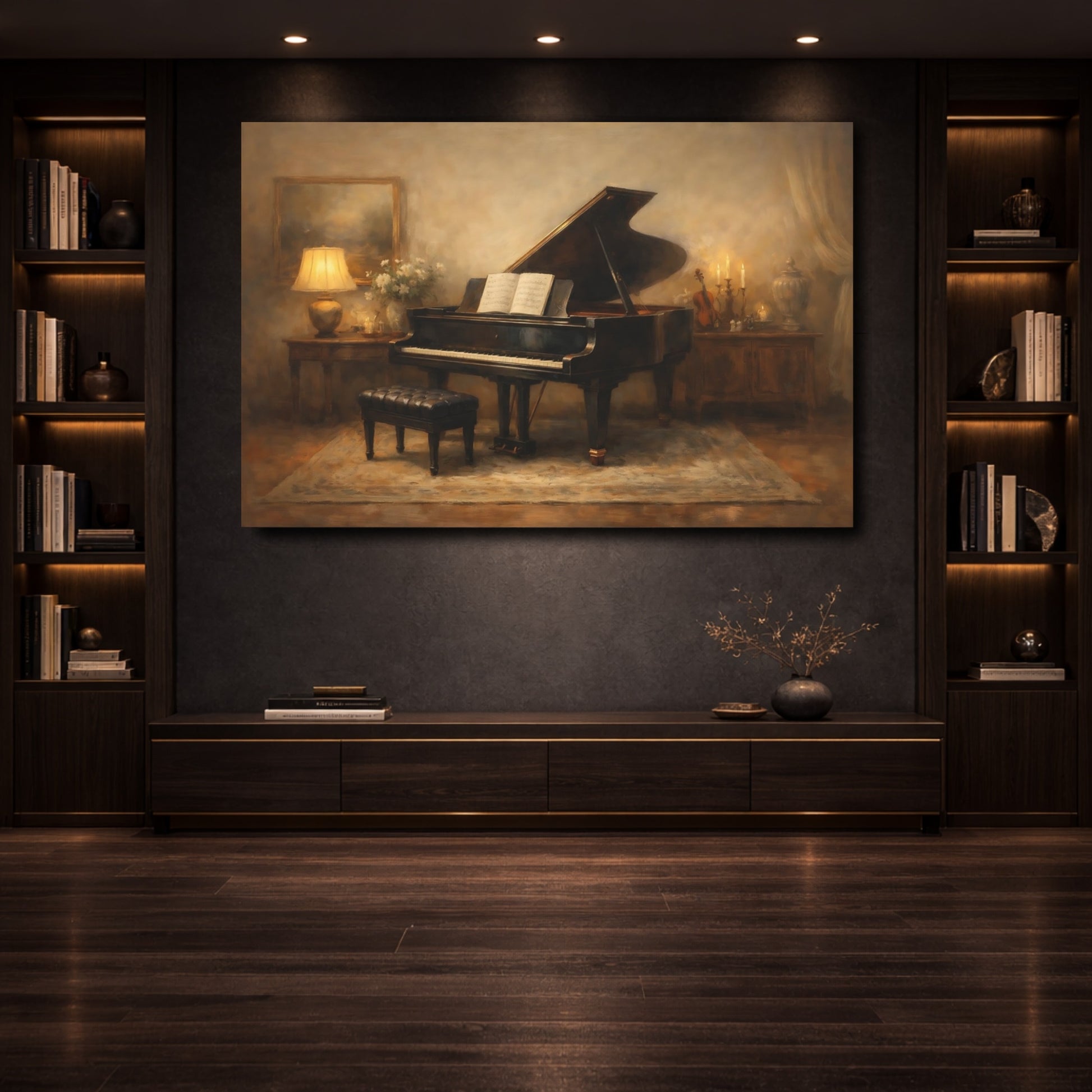 Mockup 3. Vintage Grand Piano Brown And Gold shown as stretched canvas wall art