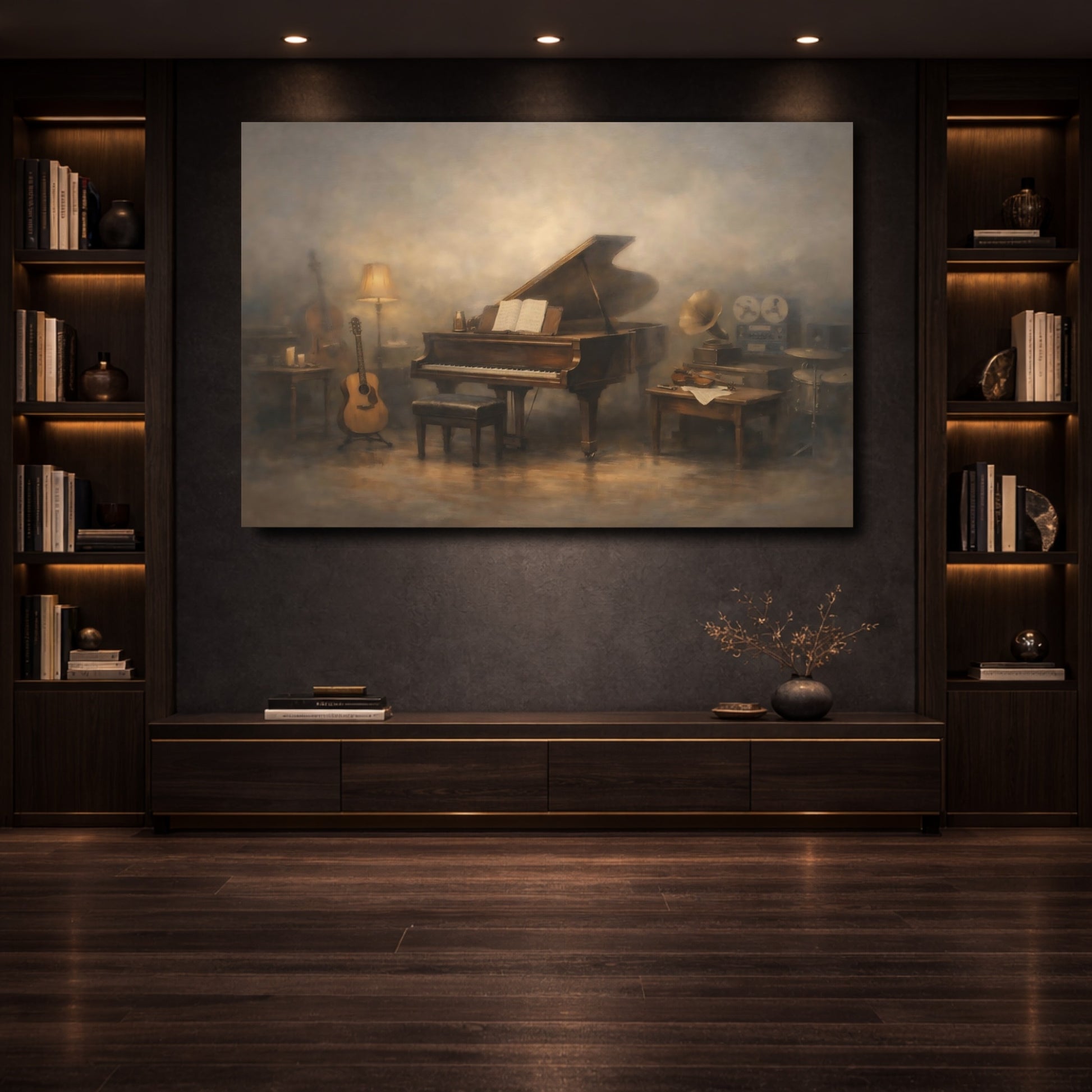Mockup 3. Vintage Grand Piano Brown And Gold shown as stretched canvas wall art