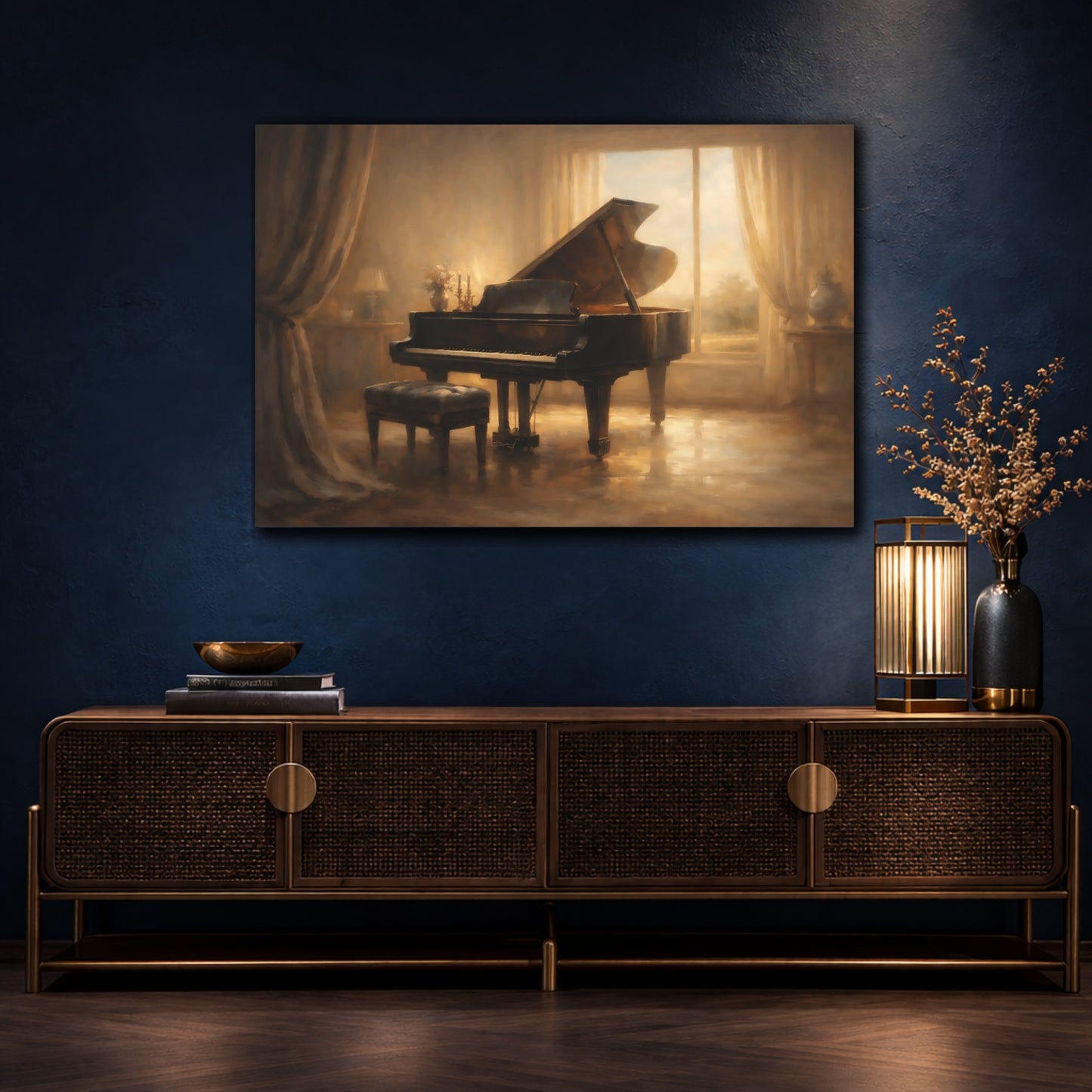 Mockup 4. Vintage Grand Piano Brown And Gold shown as stretched canvas wall art