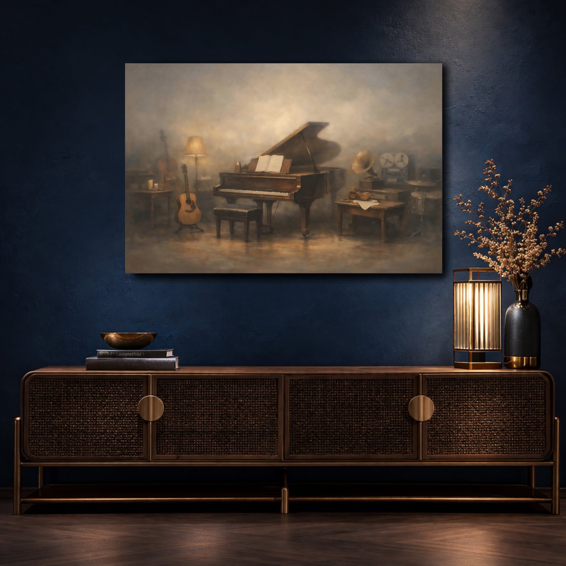 Mockup 4. Vintage Grand Piano Brown And Gold shown as stretched canvas wall art