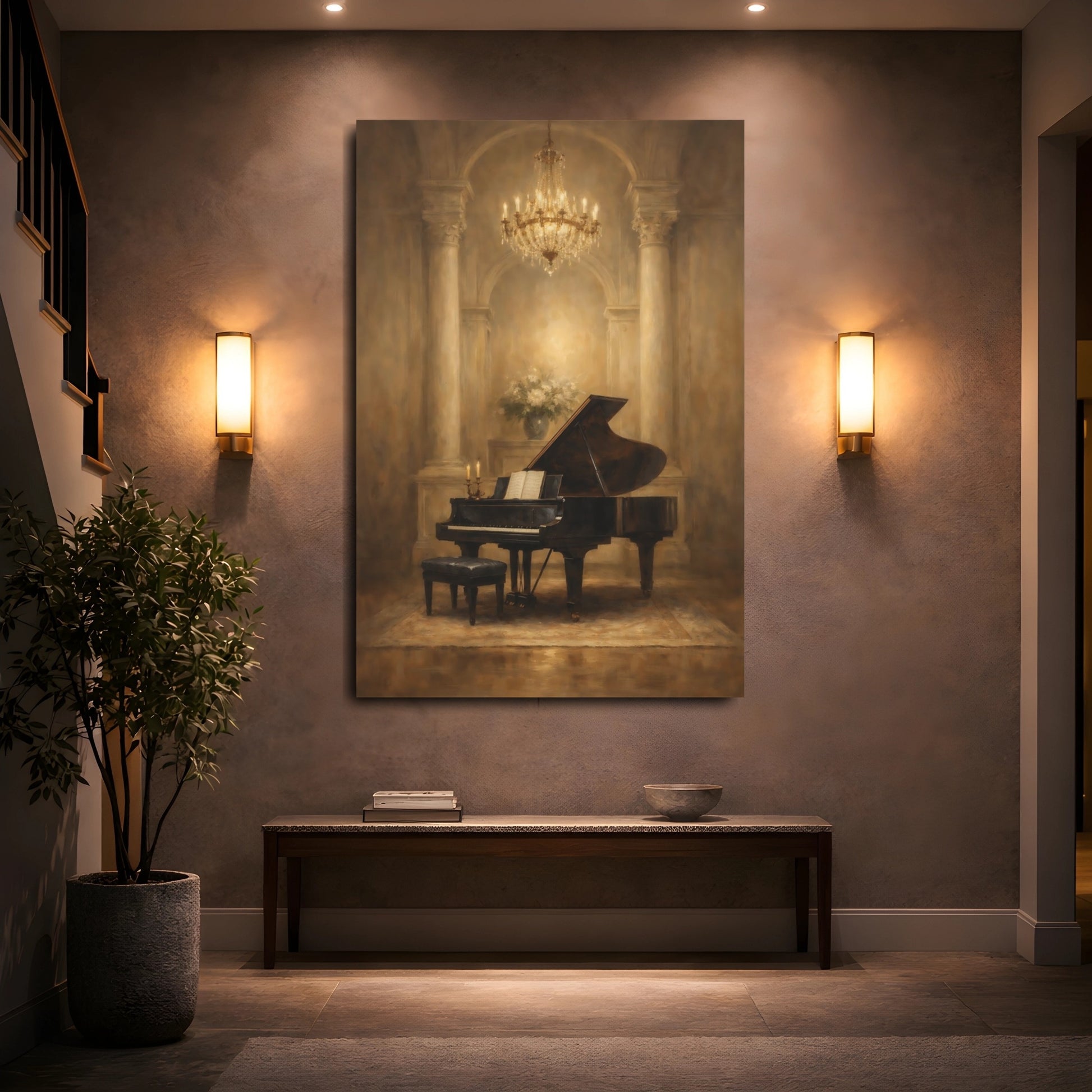 Mockup 4. Vintage Grand Piano Brown And Gold shown as stretched canvas wall art