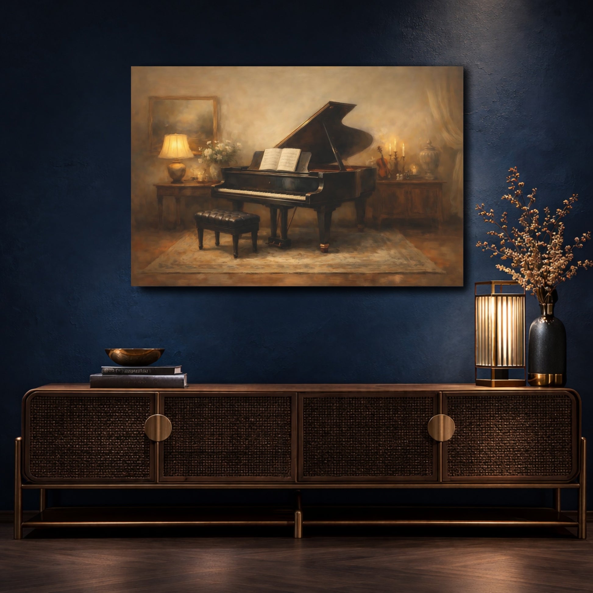 Mockup 4. Vintage Grand Piano Brown And Gold shown as stretched canvas wall art