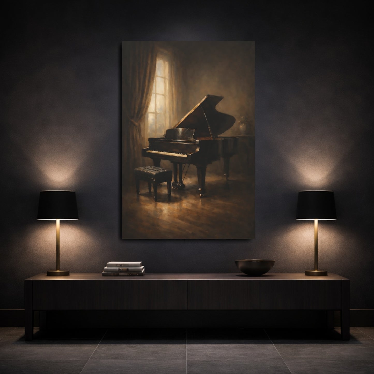 Mockup 2. Vintage Grand Piano Brown Grand Piano shown as stretched canvas wall art