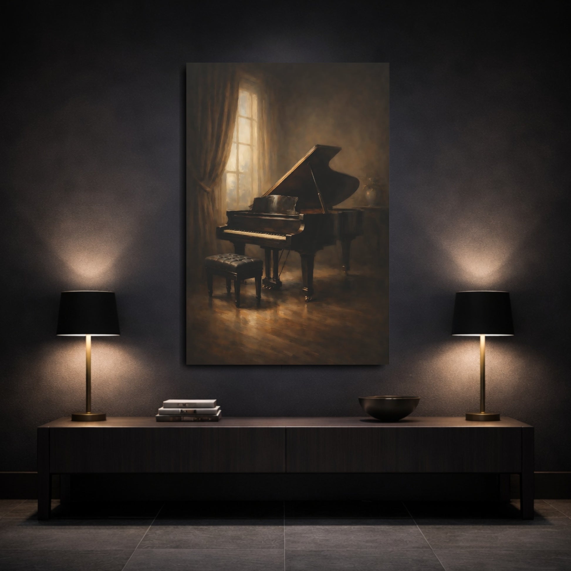 Mockup 2. Vintage Grand Piano Brown Grand Piano shown as stretched canvas wall art
