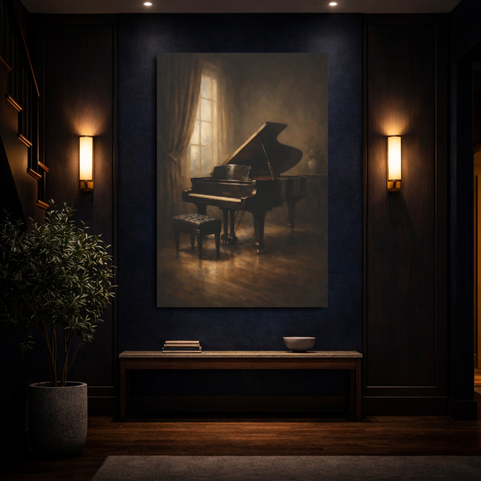 Mockup 3. Vintage Grand Piano Brown Grand Piano shown as stretched canvas wall art