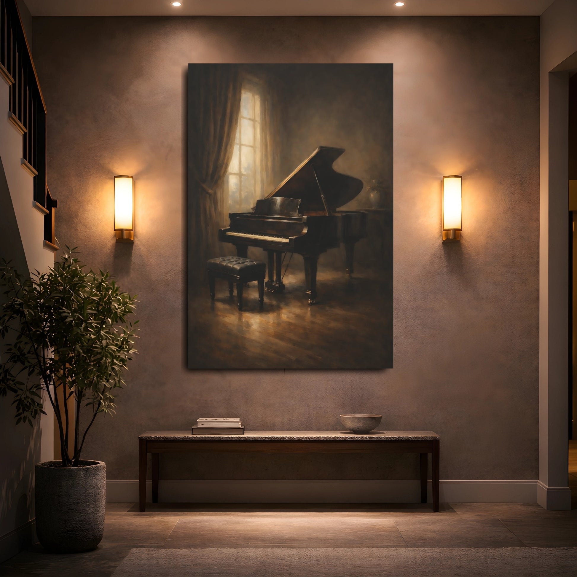 Mockup 4. Vintage Grand Piano Brown Grand Piano shown as stretched canvas wall art