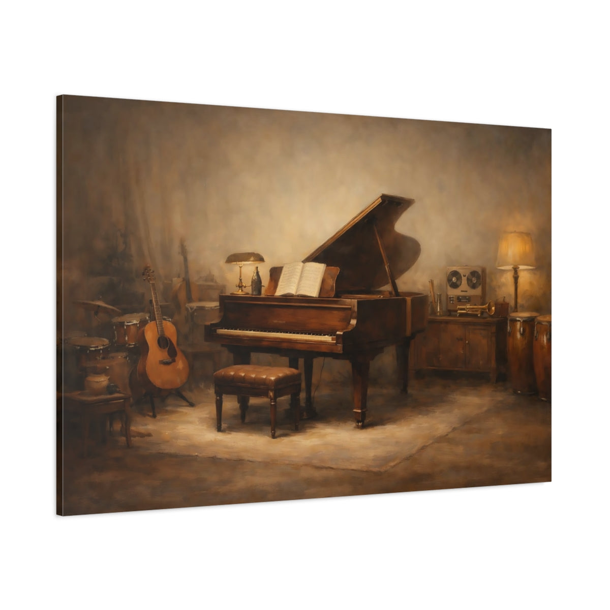 Main Mockup. Vintage Grand Piano Brown Tones Studio shown as stretched canvas wall art