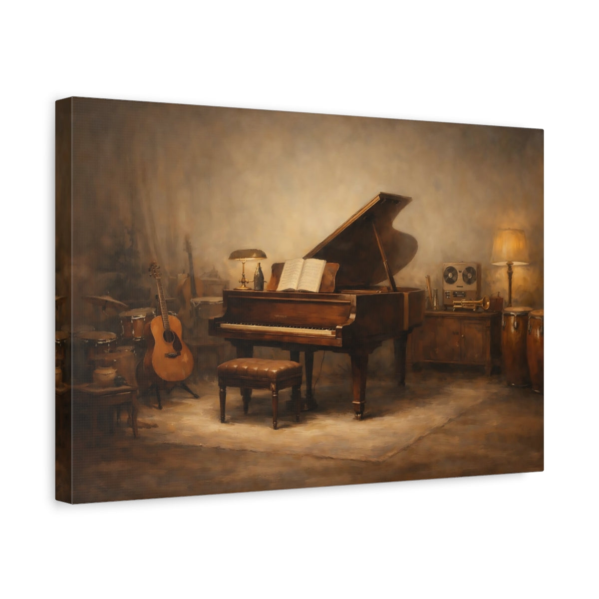 Side Mockup 4. Vintage Grand Piano Brown Tones Studio shown as stretched canvas wall art