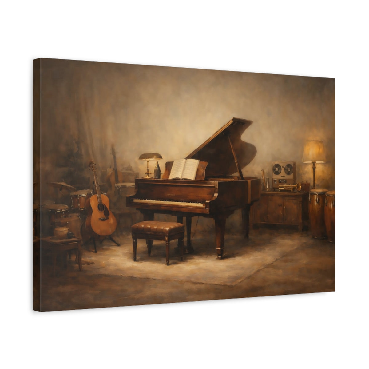 Side Mockup 3. Vintage Grand Piano Brown Tones Studio shown as stretched canvas wall art