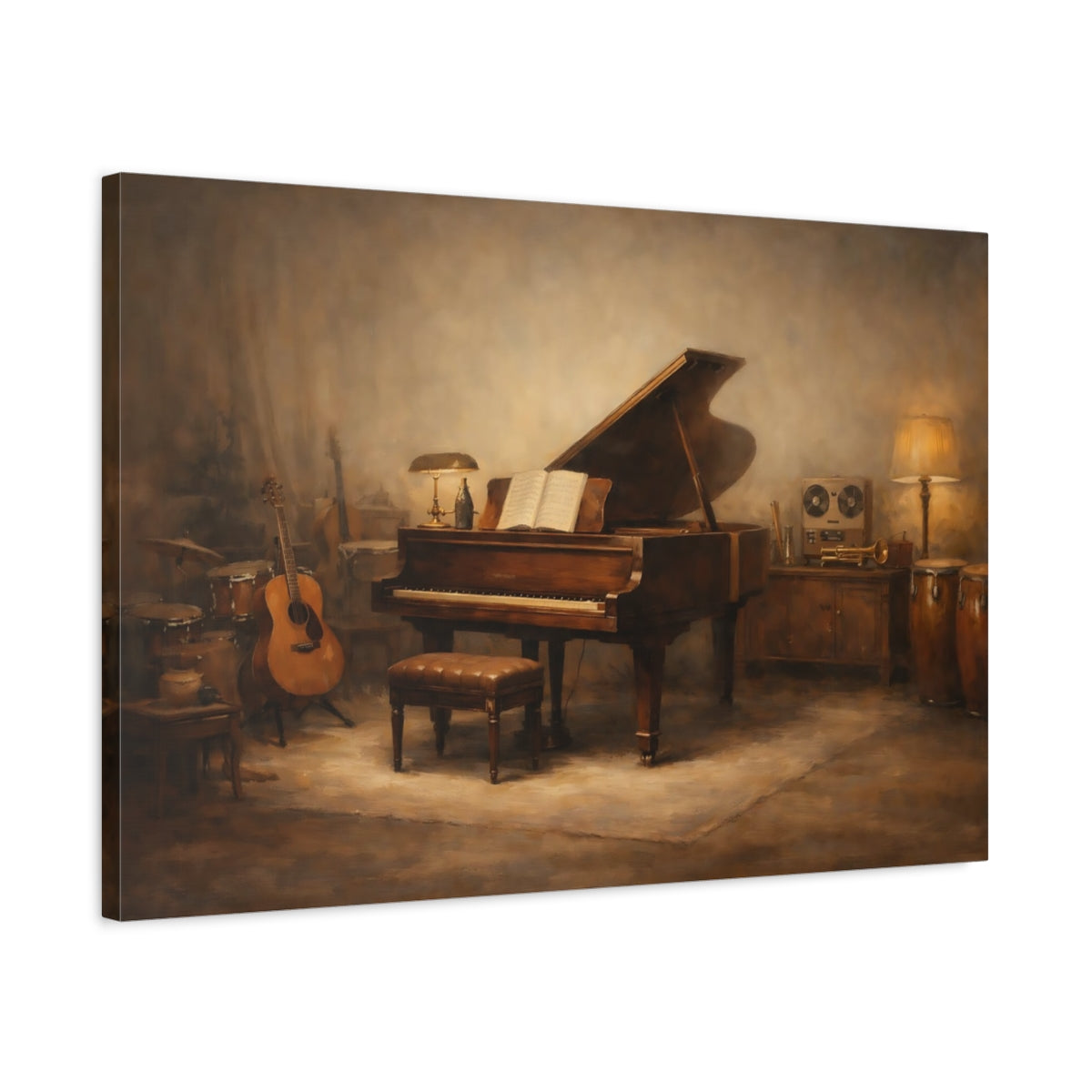 Side Mockup 2. Vintage Grand Piano Brown Tones Studio shown as stretched canvas wall art