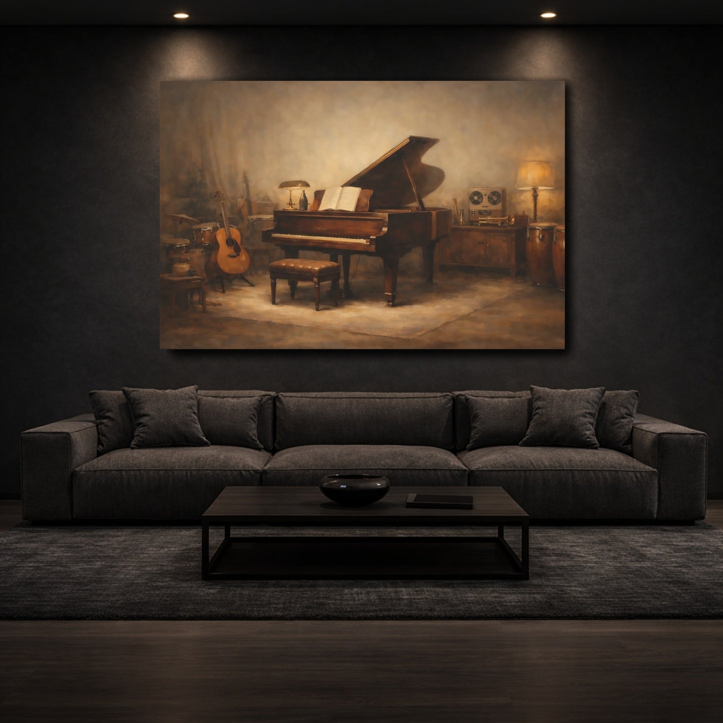 Mockup 2. Vintage Grand Piano Brown Tones Studio shown as stretched canvas wall art