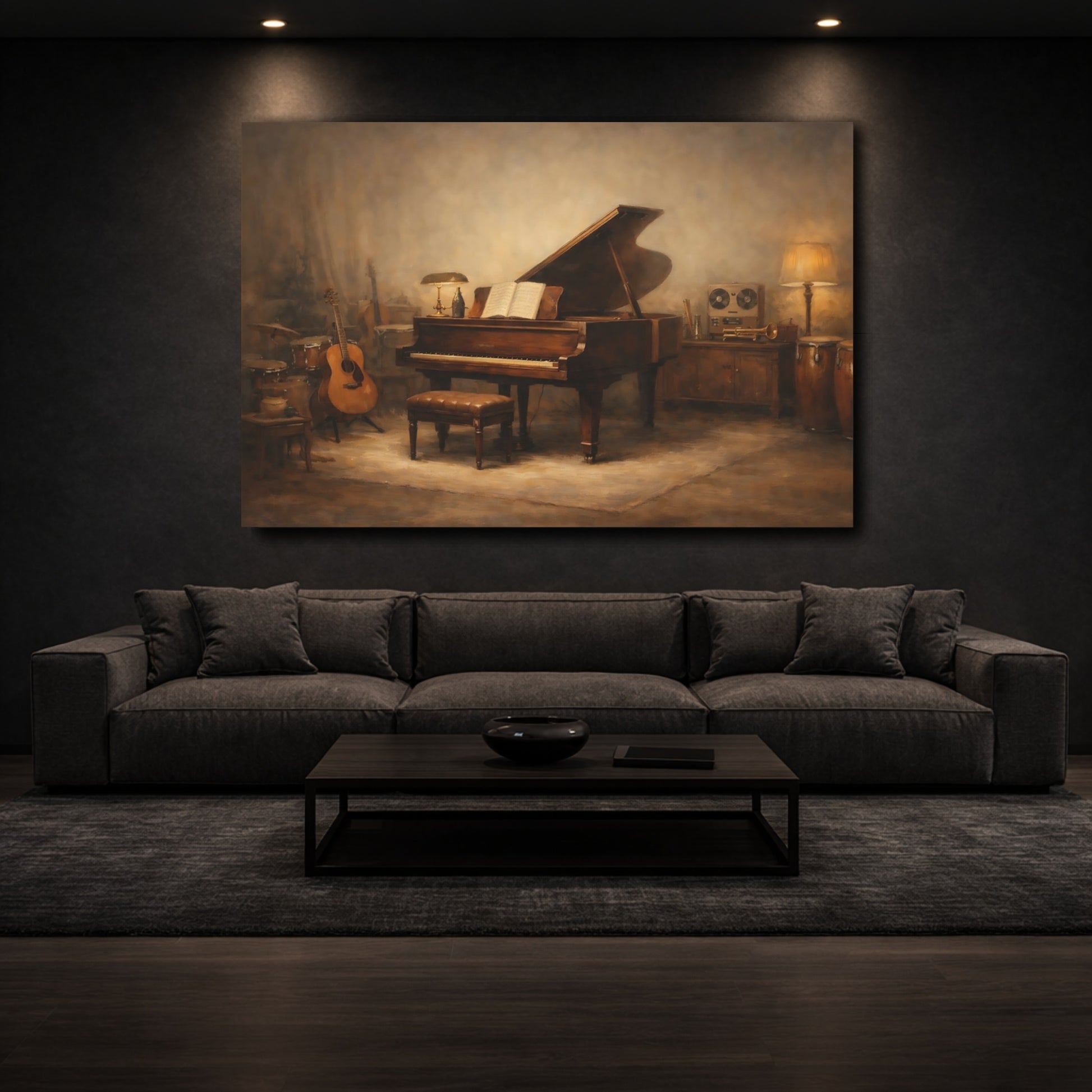 Mockup 2. Vintage Grand Piano Brown Tones Studio shown as stretched canvas wall art