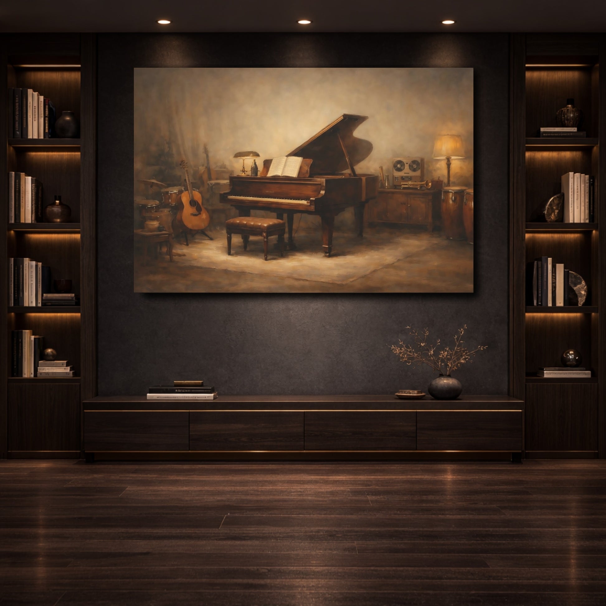 Mockup 3. Vintage Grand Piano Brown Tones Studio shown as stretched canvas wall art