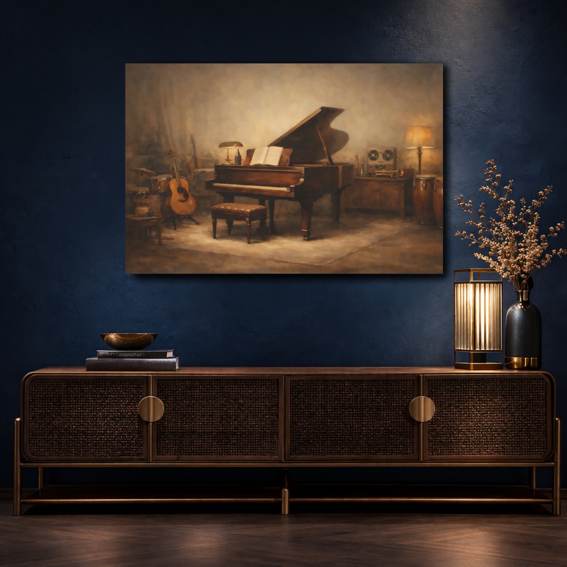 Mockup 4. Vintage Grand Piano Brown Tones Studio shown as stretched canvas wall art