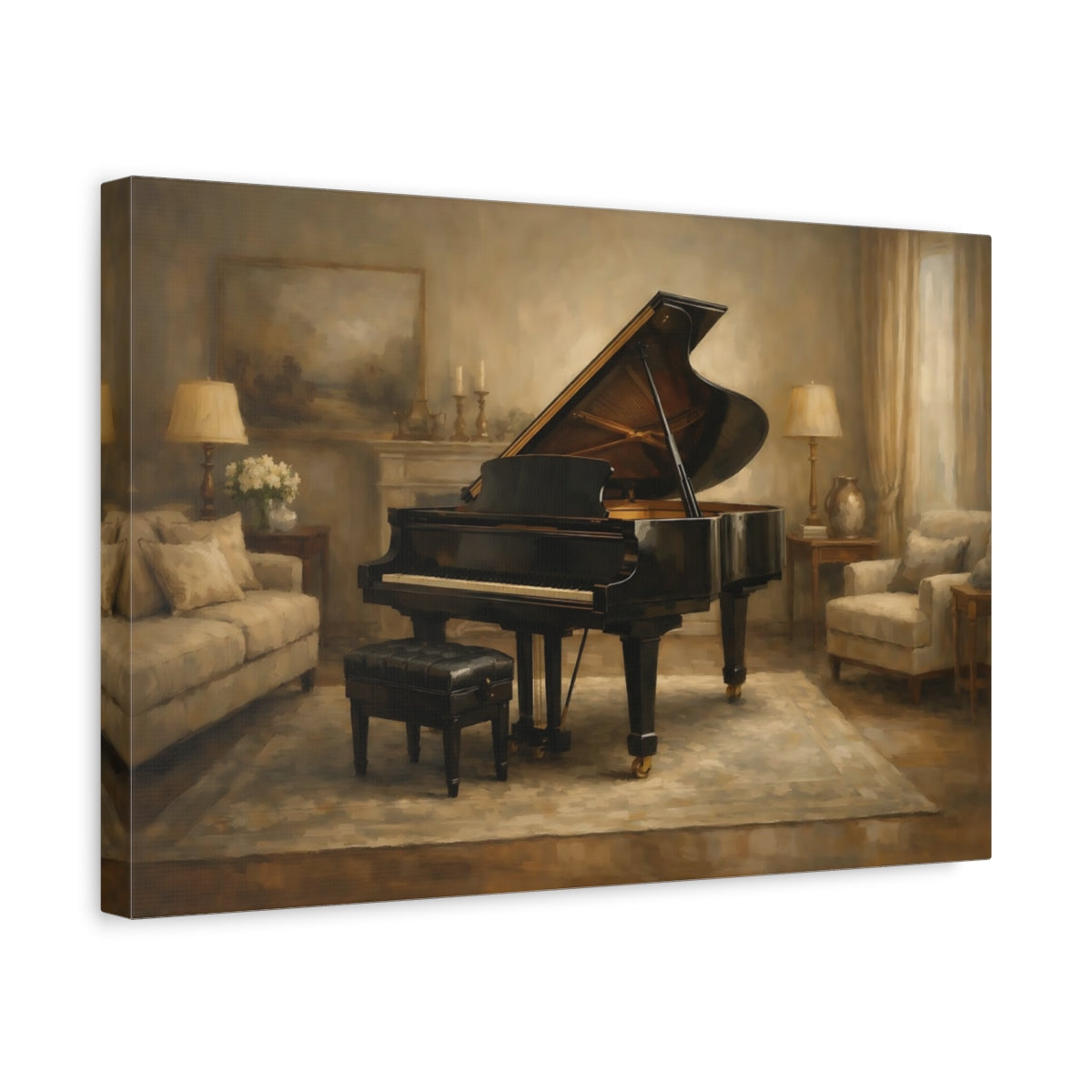 Side Mockup 4. Vintage Grand Piano Elegant Piano shown as stretched canvas wall art