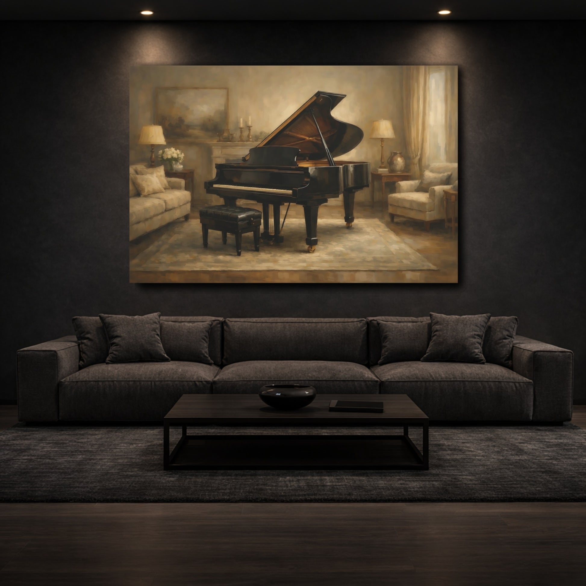 Mockup 2. Vintage Grand Piano Elegant Piano shown as stretched canvas wall art