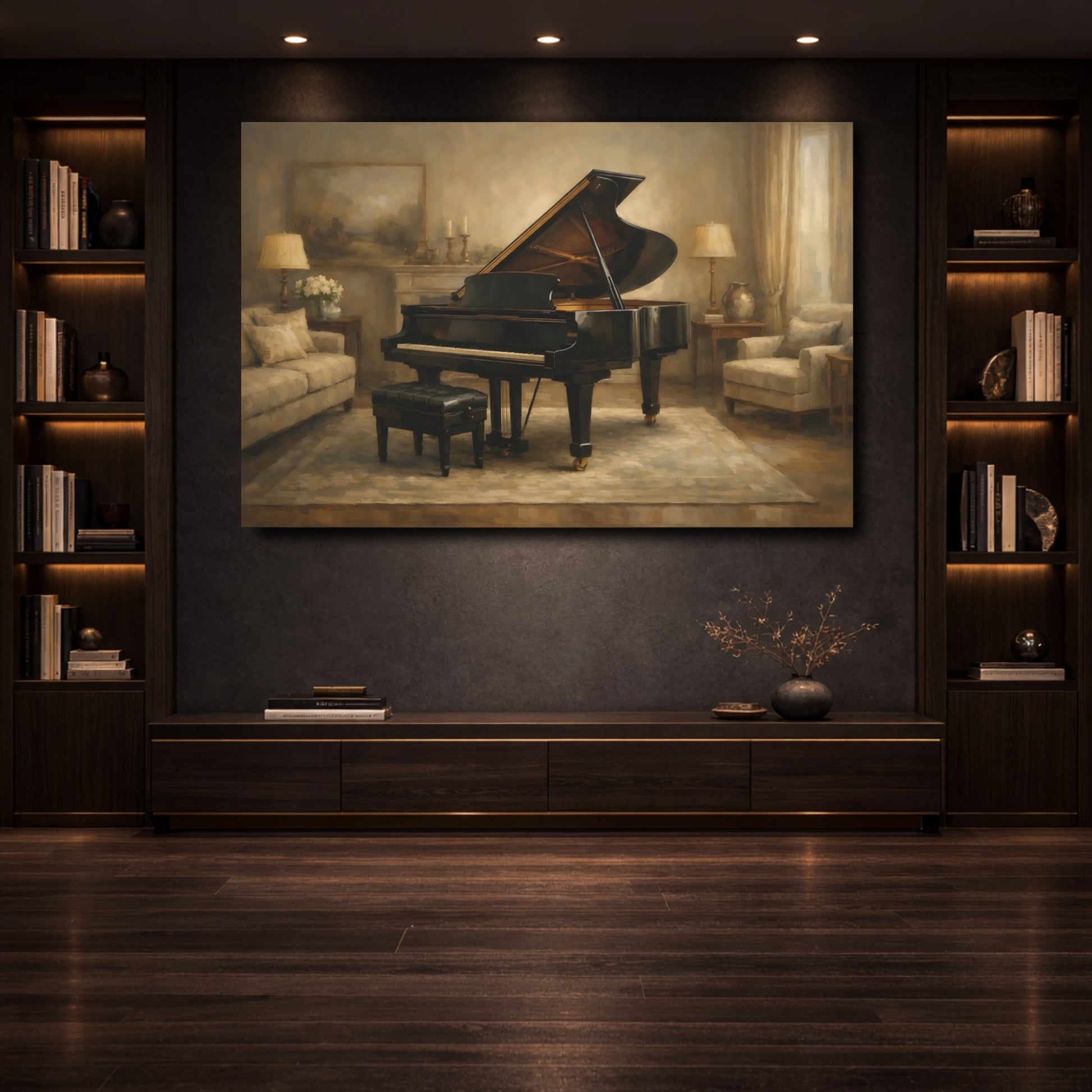 Mockup 3. Vintage Grand Piano Elegant Piano shown as stretched canvas wall art