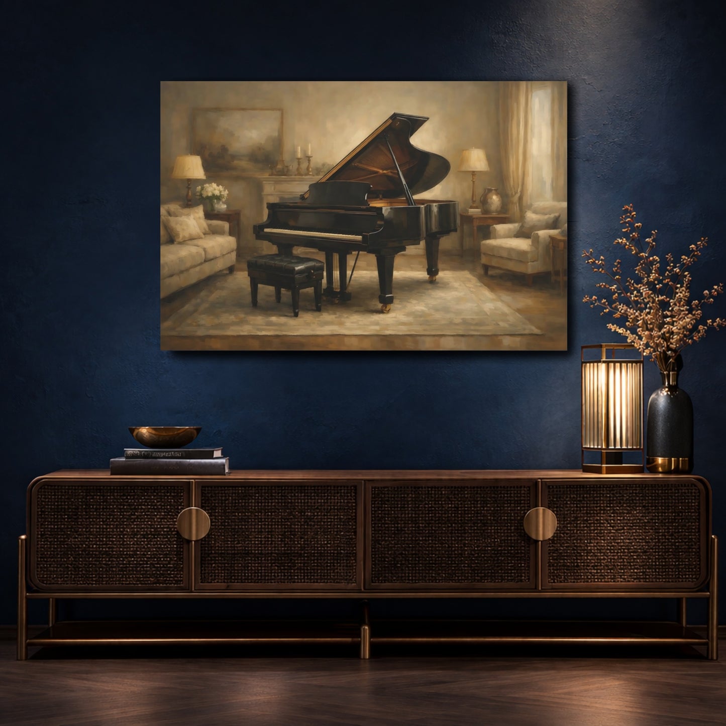 Mockup 4. Vintage Grand Piano Elegant Piano shown as stretched canvas wall art