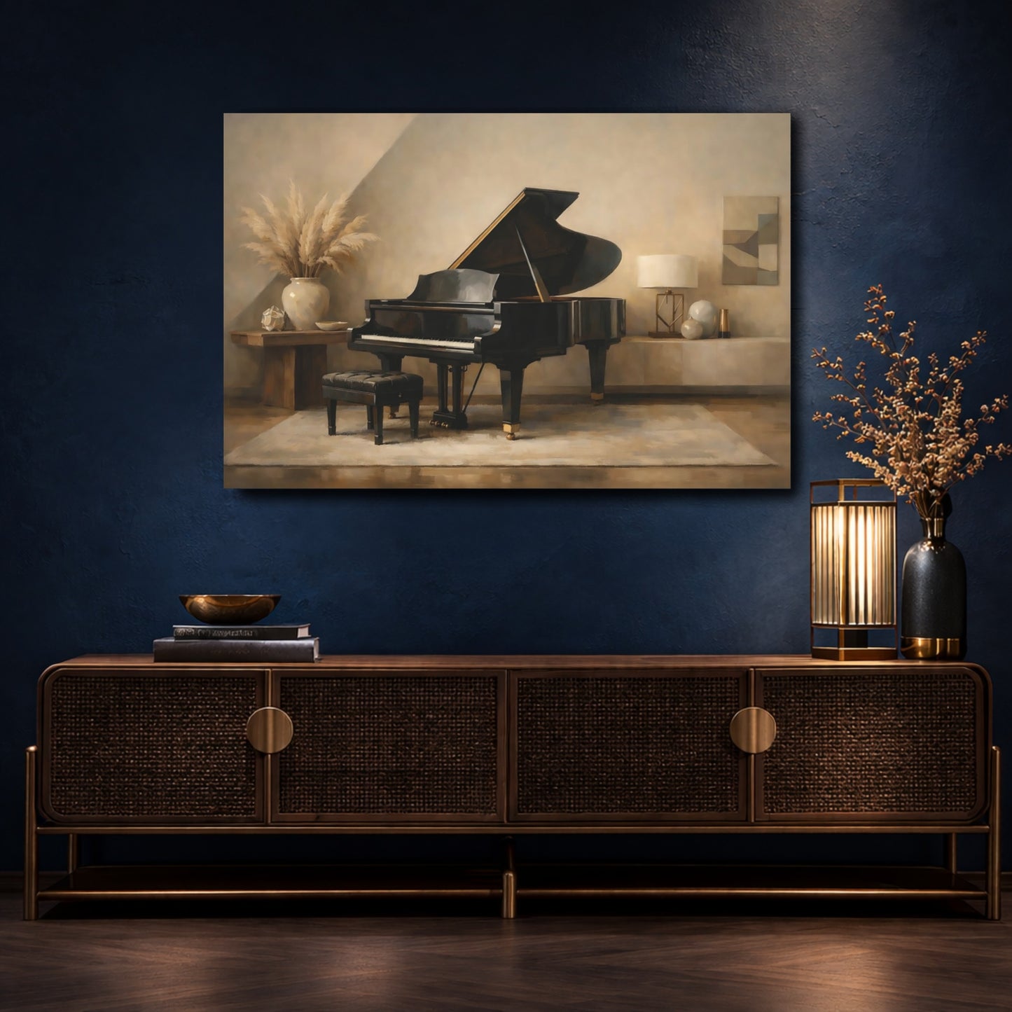 Mockup 4. Vintage Grand Piano Grand Piano Interior shown as stretched canvas wall art